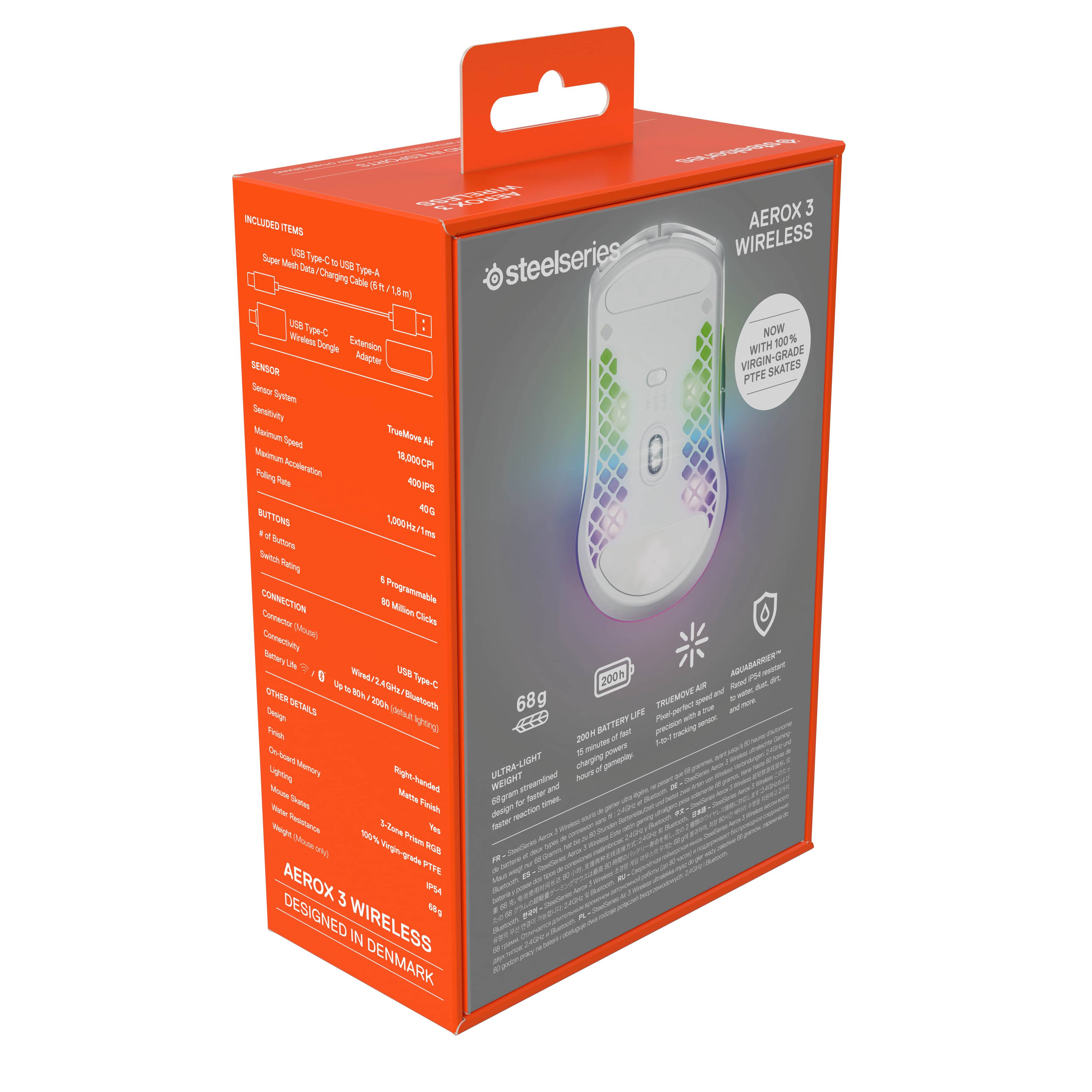 AEROX 3 WIRELESS INCLUDED ITEMS:
1. USA Wireless Sensor
2. Steelseries Tactile 3-button mouse
3. Wireless Nano Dongle
4. Expansion 1.0m cable
5. 100% PTFE Sensor
6. TrueMove 1800 DPI Sensor
7. 4009 40 buttons
8. Wired 1.0m connection
9. 200mAh battery
10. Ultra-lightweight design
11. Lightning-fast lag-free gaming
12. High-precision 100% PTFE Sensor
13. Designed in Denmark.