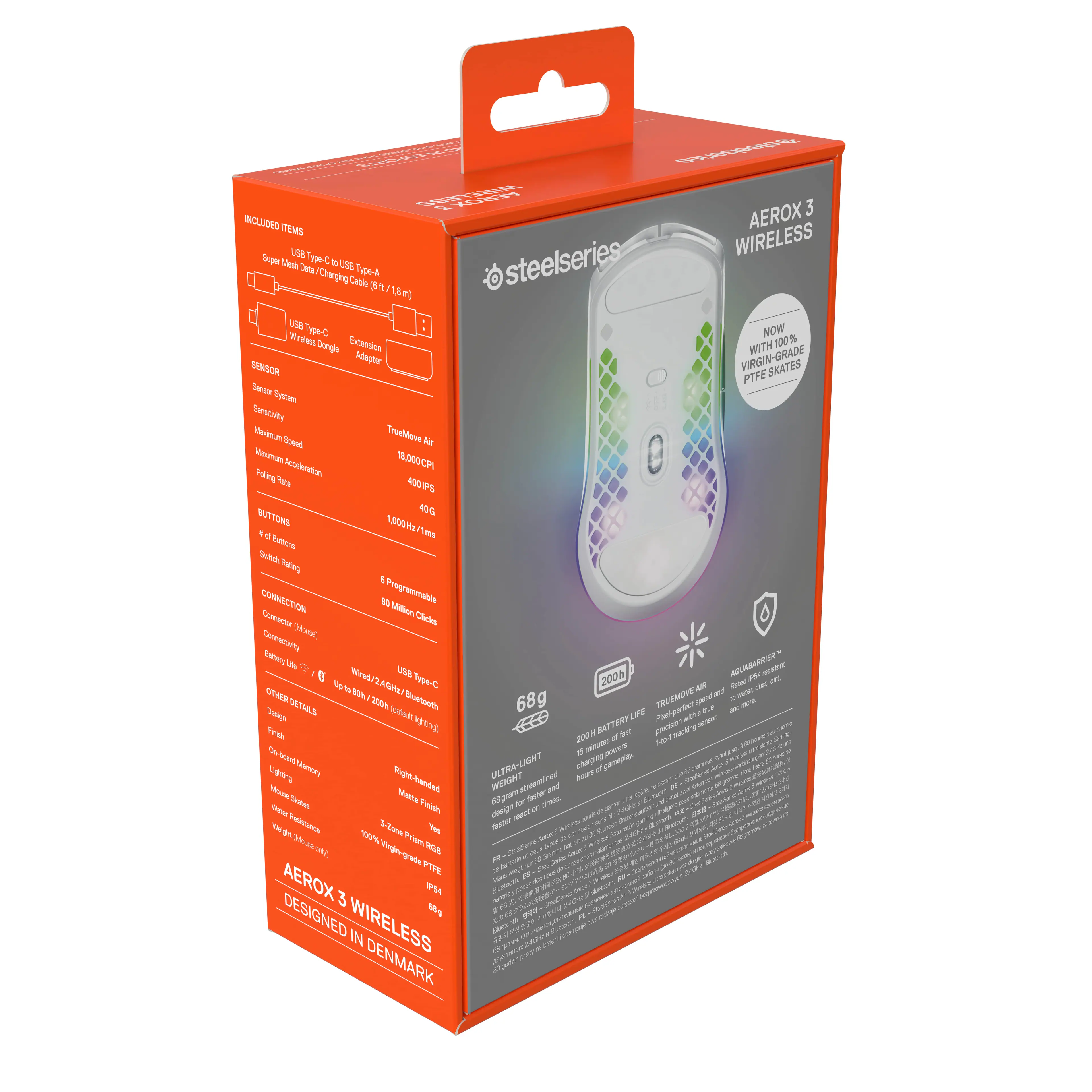 AEROX 3 WIRELESS INCLUDED ITEMS:

1. USA Wireless Sensor
2. Steelseries Tactile 3-button mouse
3. Wireless Nano Dongle
4. Expansion 1.0m cable
5. 100% PTFE Sensor
6. TrueMove 1800 DPI Sensor
7. 4009 40 buttons
8. Wired 1.0m connection
9. 200mAh battery
10. Ultra-lightweight design
11. Lightning-fast lag-free gaming
12. High-precision 100% PTFE Sensor
13. Designed in Denmark.