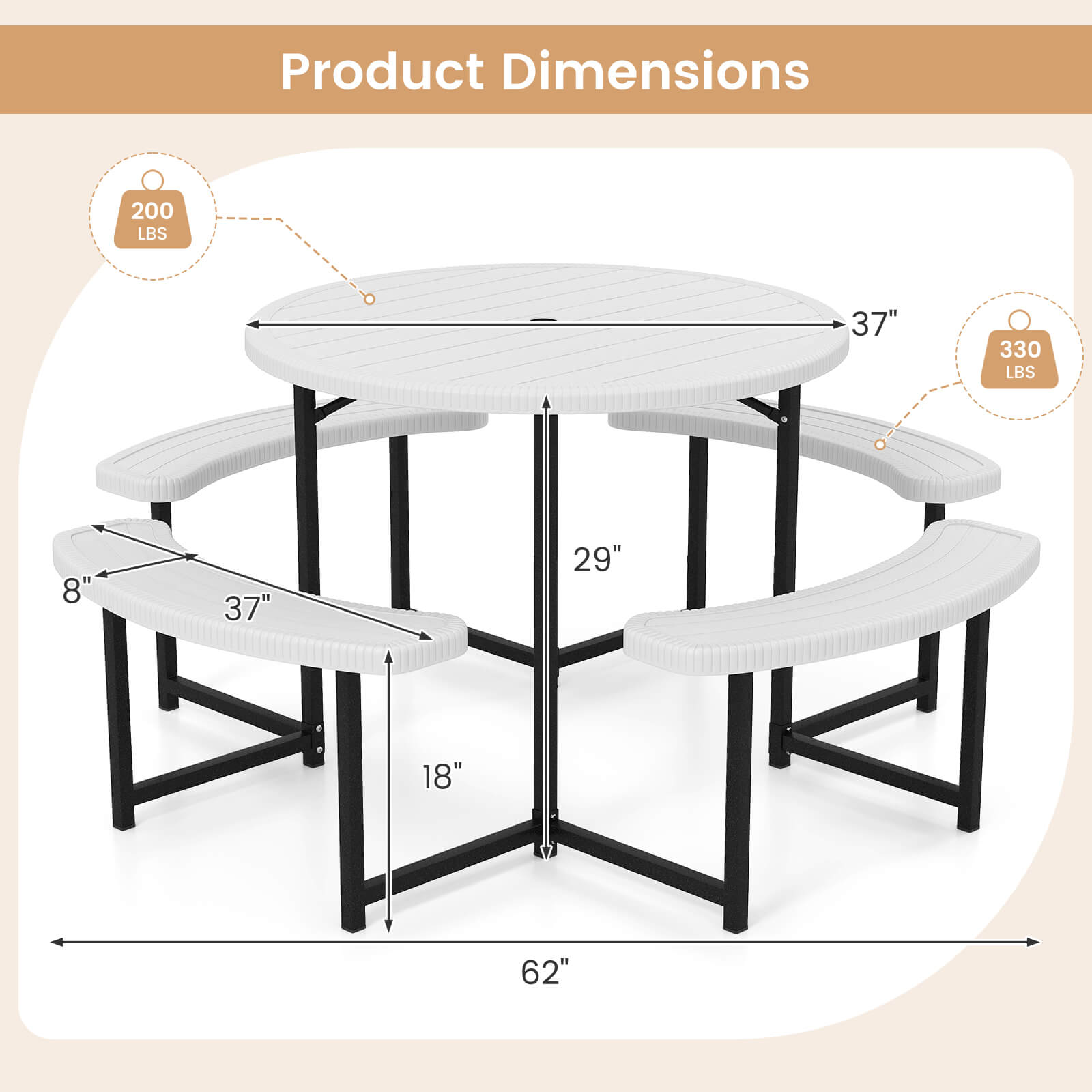 Product Dimensions: 200 LBS, 37" 330 LBS, 8" 37" 29" 18" 62"