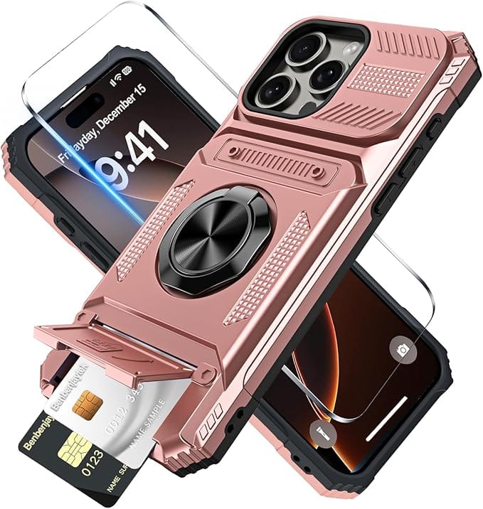 Gravity Ridge - for iPhone 16 E Wallet Case with Card Holder 360°Ring Kickstand Military Grade Drop Shockproof Rugged Case - Rose Gold