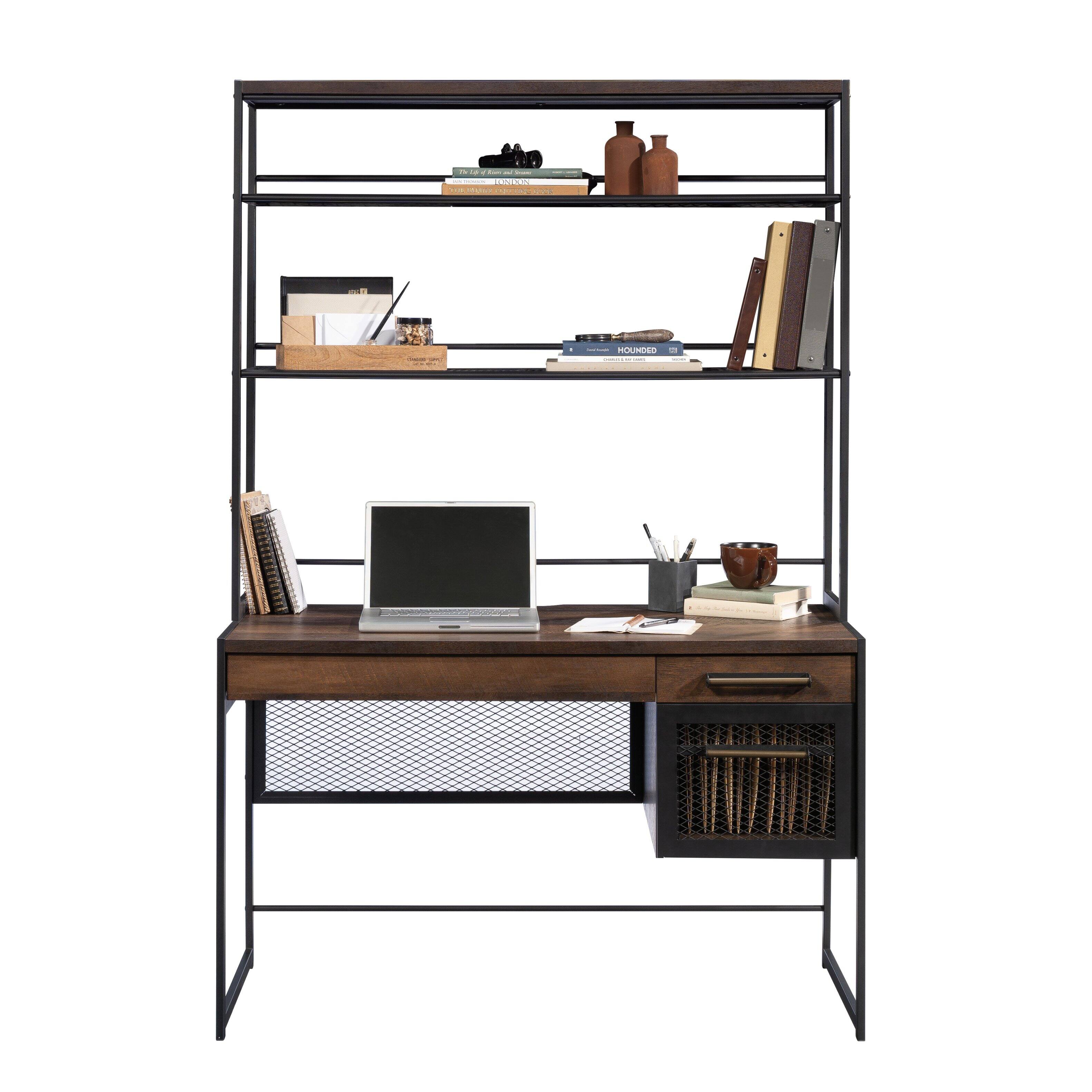 Angle. Spaco - Compact Computer Desk with Hutch, Keyboard Tray, Drawers, Shelves, Oak - Brown.