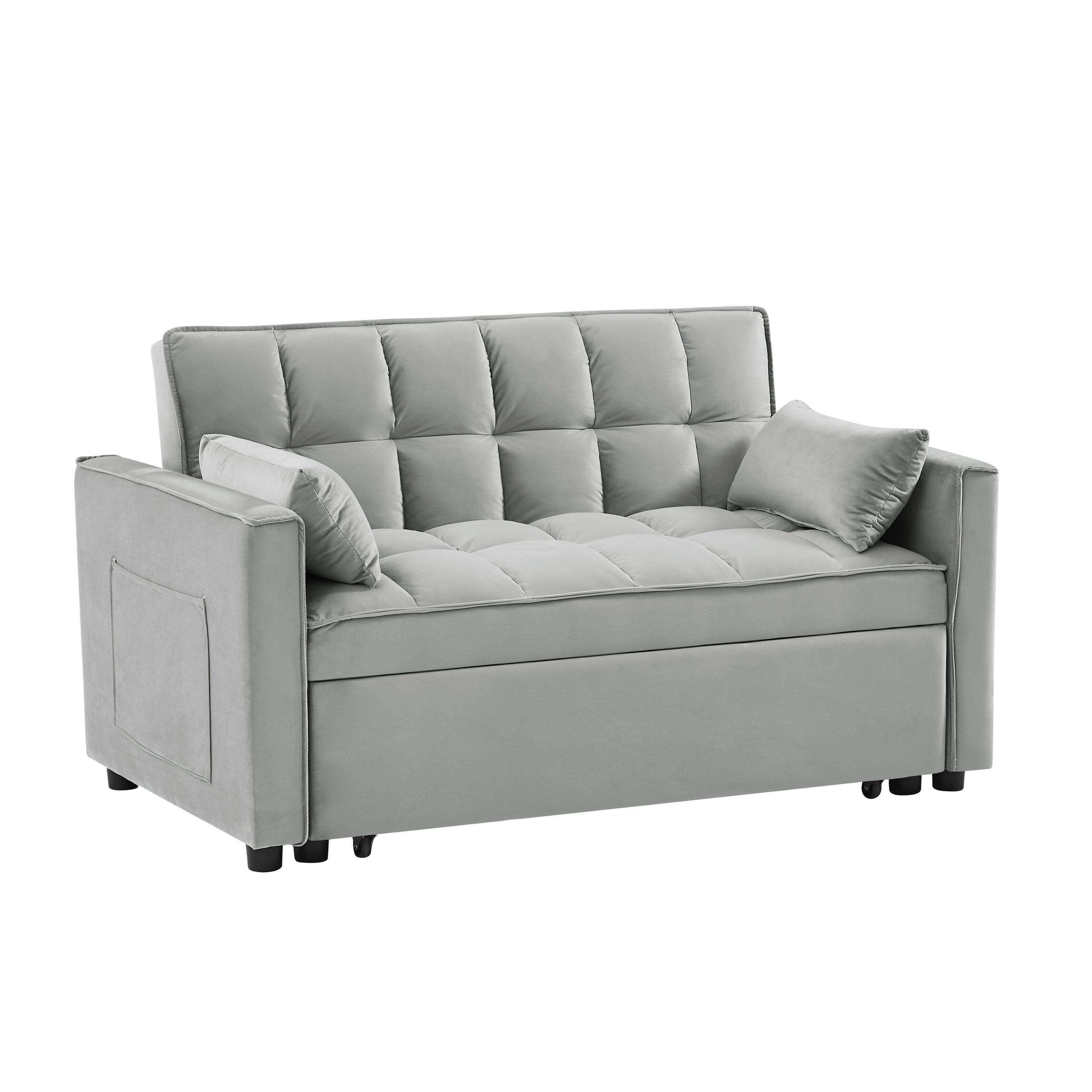Alt View 6. Tiramisubest - 3-in-1 Modern Velvet Sleeper Loveseat,Reclining Backrest,Pullout Bed & Storage Pockets with Pillows for Living Room,Gray - Gray.