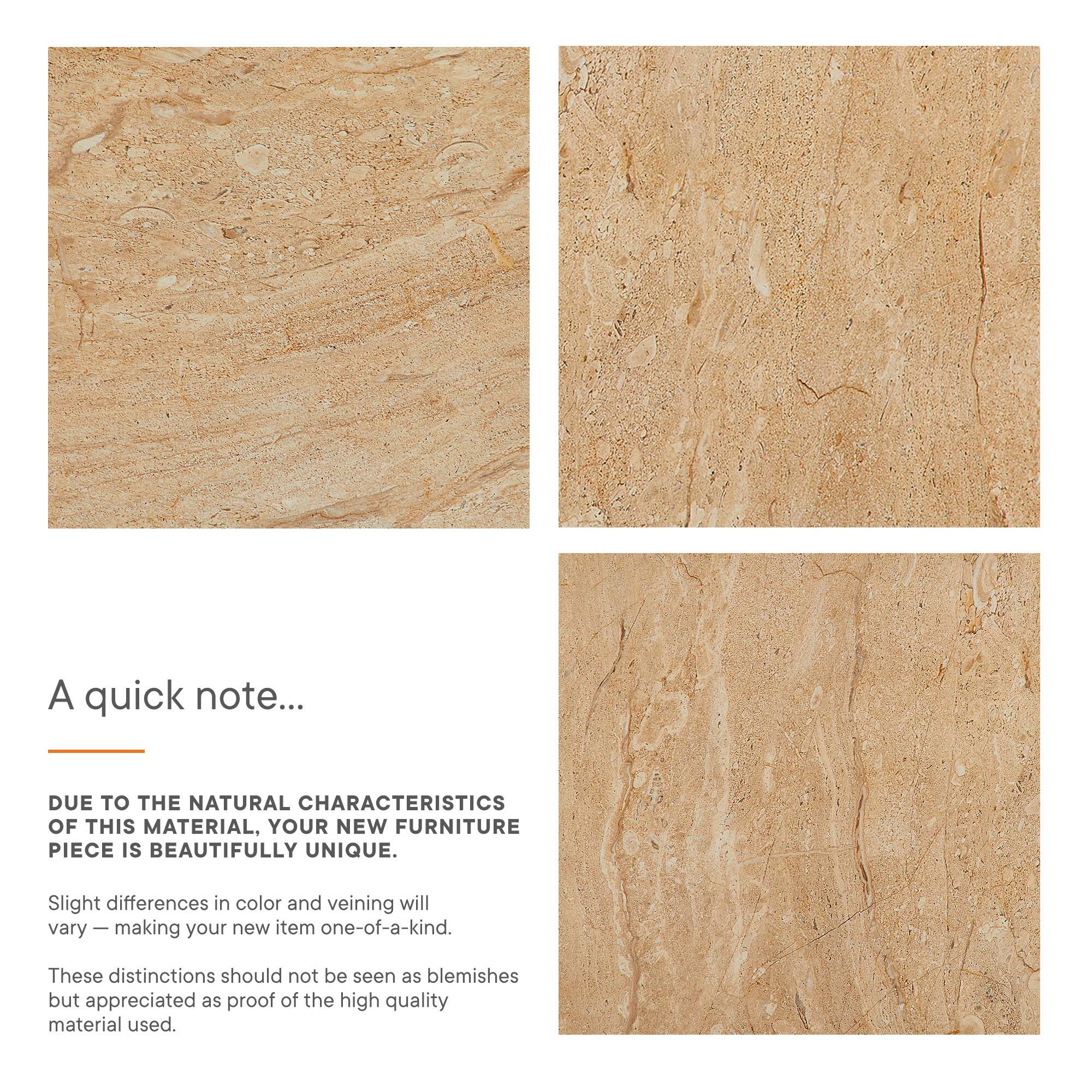A quick note...

DUE TO THE NATURAL CHARACTERISTICS OF THIS MATERIAL, YOUR NEW FURNITURE PIECE IS BEAUTIFULLY UNIQUE.

Slight differences in color and veining will vary — making your new item one-of-a-kind.

These distinctions should not be seen as blemishes but appreciated as proof of the high quality material used.