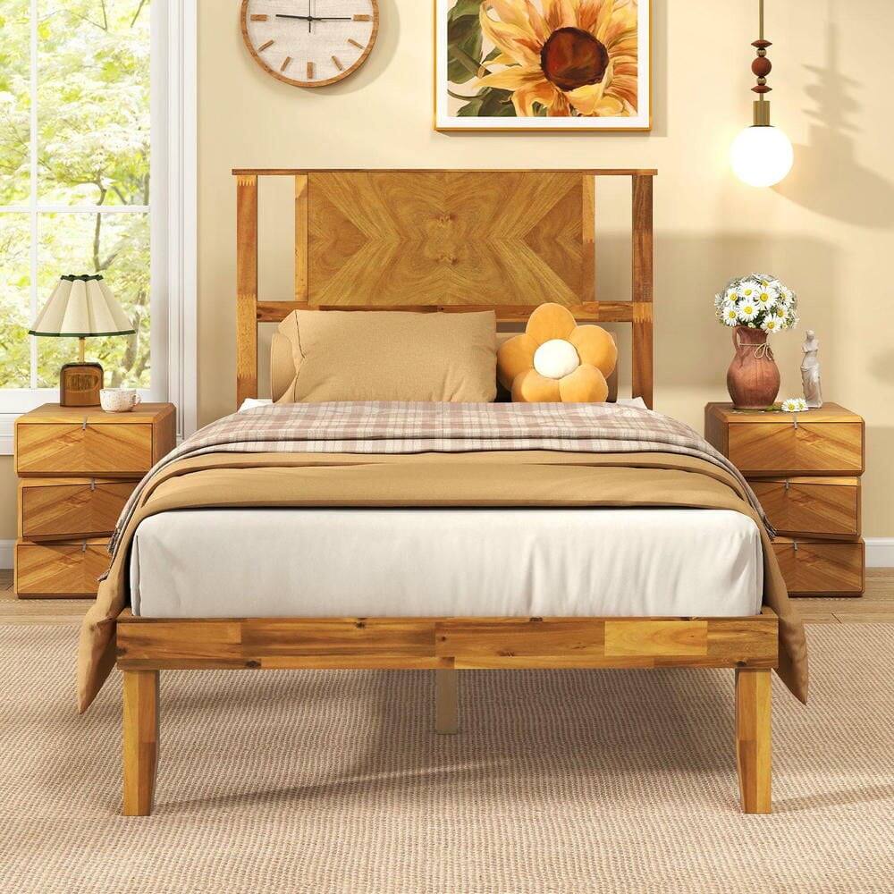 Angle. Kadyn - Twin Size Mid-Century Modern Platform Bed with Wood Headboard, Crafted from Acacia Wood with a Sleek Profile for Bedroom - Brown.