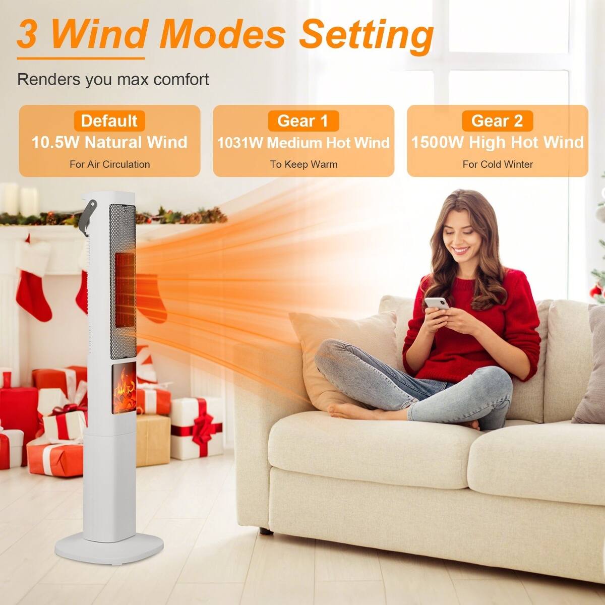 3 Wind Modes Setting Renders you max comfort

Default
10.5W Natural Wind
For Air Circulation

Gear 1
1031W Medium Hot Wind
To Keep Warm

Gear 2
1500W High Hot Wind
For Cold Winter