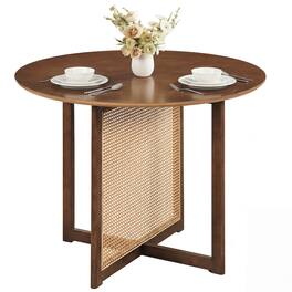 Costway - Round Dining Table with Cross Pedestal Base, PE Rattan Decoration for Dining Room - Walnut