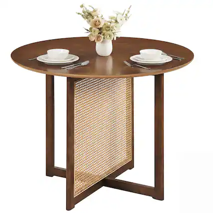 Front. Costway - Costway Round Dining Table with Cross Pedestal Base, PE Rattan Decoration for Dining Room - Walnut.