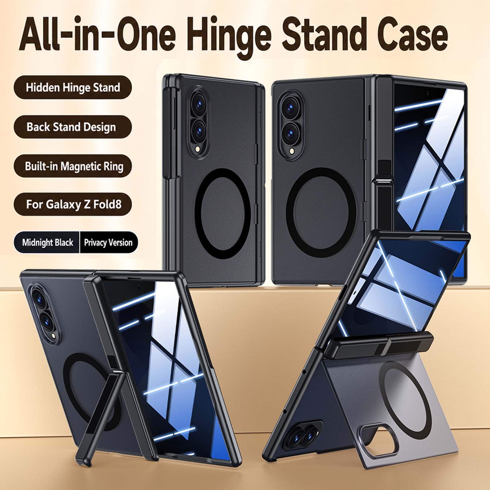 Dteck - Magnetic Shockproof Phone Case for Samsung Galaxy Z Fold8 with Dual Kickstand, Rigid Plastic Cover Built-in Screen Glass - A