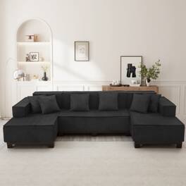 LUCKY ONE - 130" U-Shaped Sectional Sofa w/ RGB LED Light Strip & 6 Pillows Corduroy Fabric - Black
