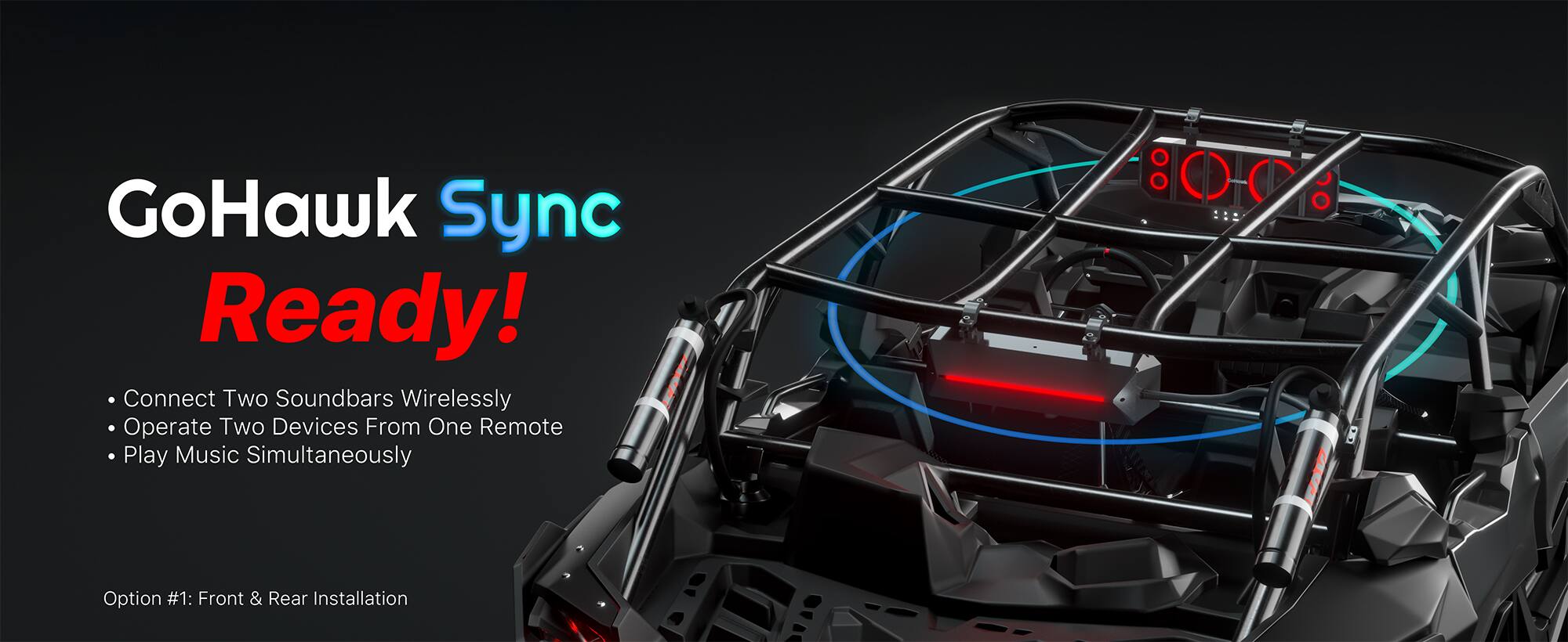 GoHawk Sync Ready!  
Connect Two Soundbars Wirelessly  
Operate Two Devices From One Remote  
Play Music Simultaneously  

Option #1: Front & Rear Installation