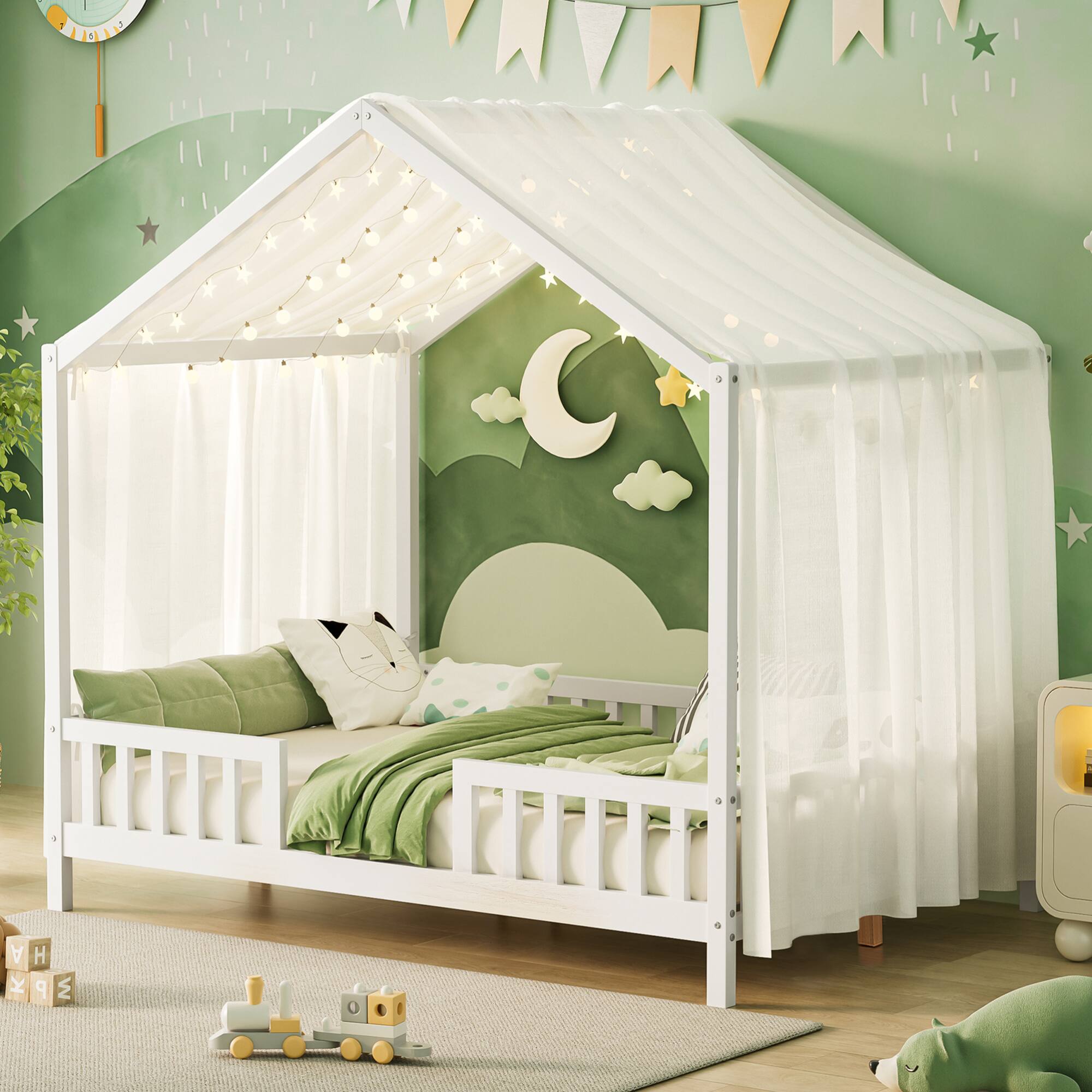 Angle. GOODSILO - Creative Canopy House-Shaped Children's Floor Bed with Safety Railings for Cozy Sleep Space - White.