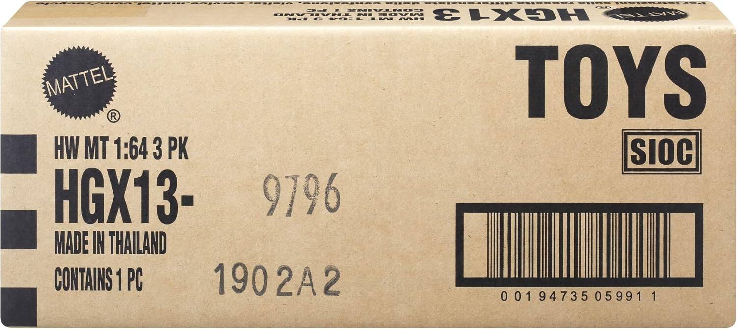 SENVIaE EEIA confezione.  
ditterenatota rassatta F-- aD PC  
CONTAINE ENE THAILAND IE MADE HGX13 MATTEL B.K  
FO: TM AA-E MATTEL TOYS  
R HW MT 1:64 3 PK SIOC HGX13- 9796 MADE IN THAILAND CONTAINS 1 PC  
190 2A2 00194735 0 01 0 94735 05991 1

---

MATTEL  
HW MT 1:64 3 PK  
HGX13- 9796  
MADE IN THAILAND  
CONTAINS 1 PC  
1902A2  
TOYS  
SIOC  
00194735 059911
