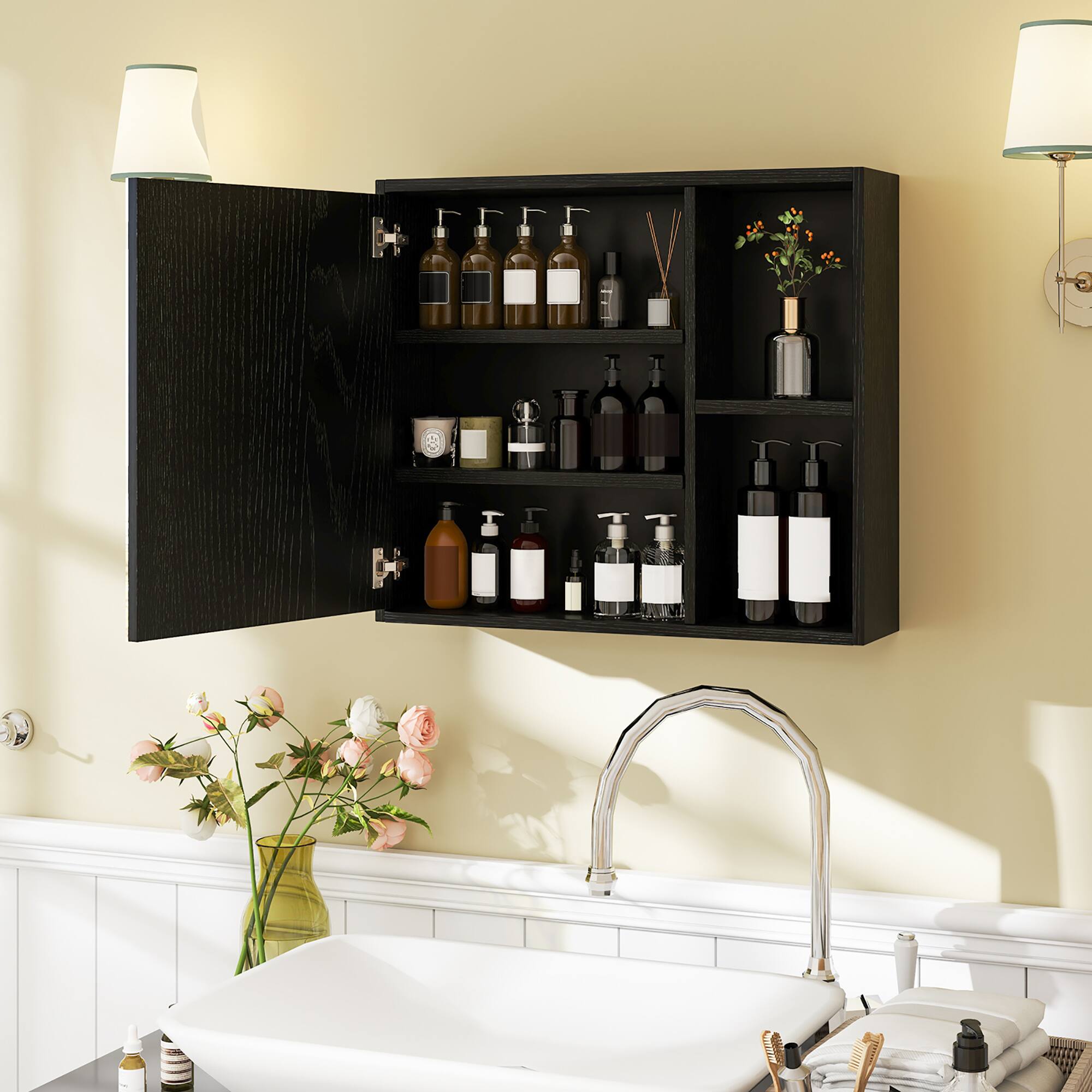 Alt View 3. Gymax - Gymax Bathroom Medicine Cabinet Wall Mounted Storage Organizer w/ Single Mirror Door Black - Black.