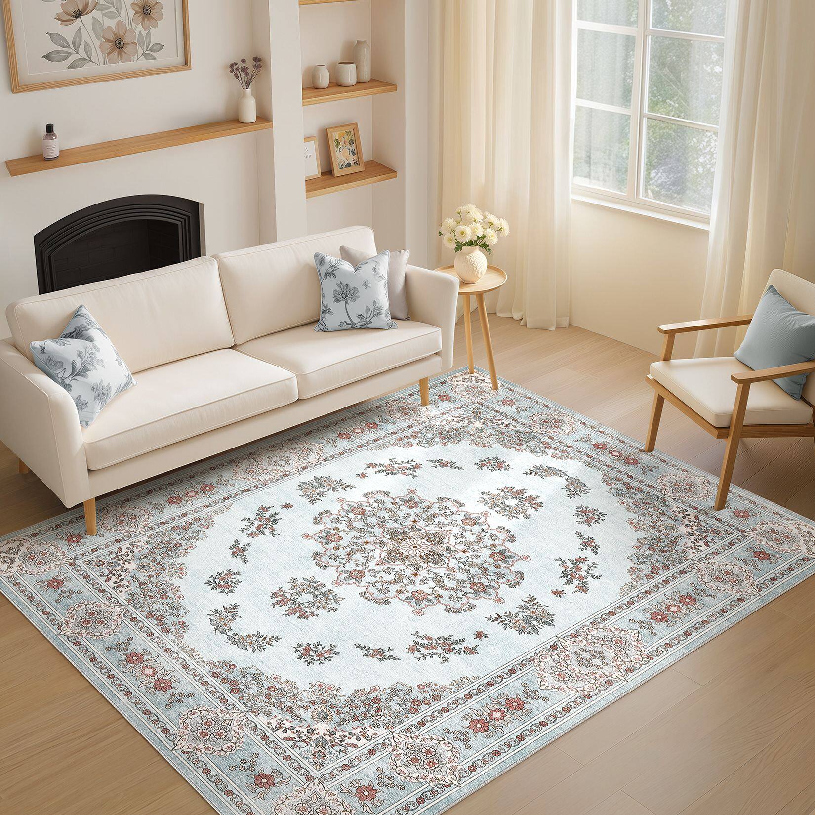 Angle. Yardgrace - 8'x10' ft Floral Bohemian Area Rug, Vintage Washable Printed Boho Carpet for Living Room Bedroom - Blue.