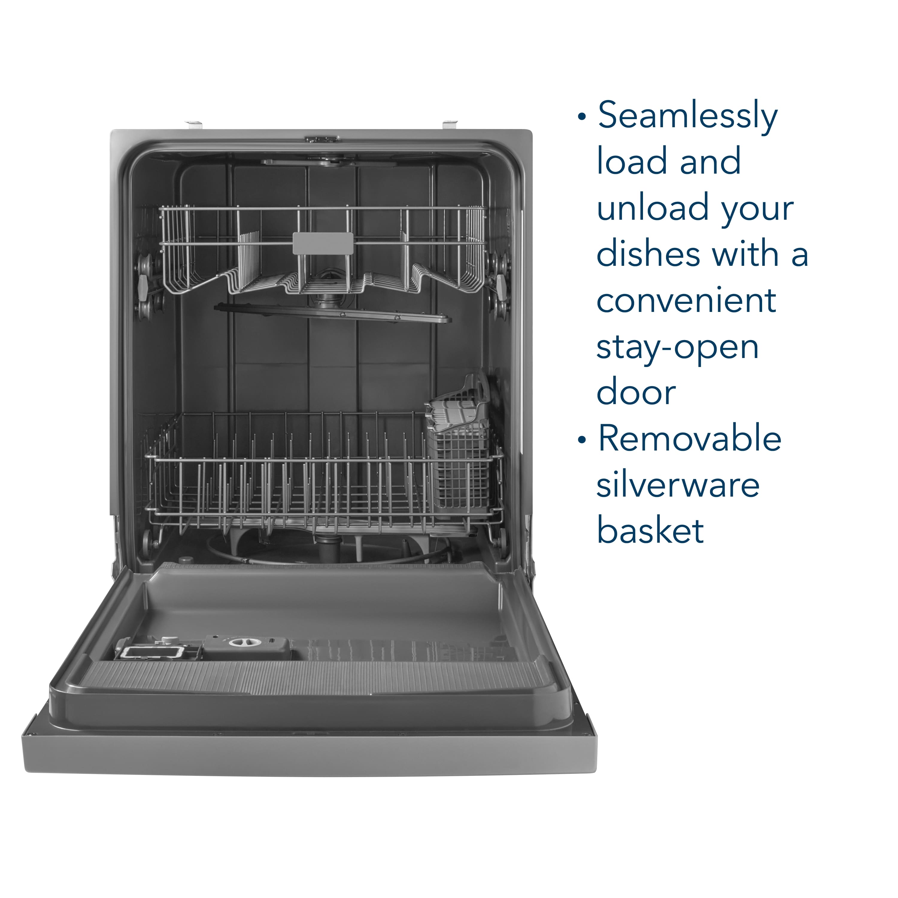 - Seamlessly load and unload your dishes with a convenient stay-open door
- Removable silverware basket