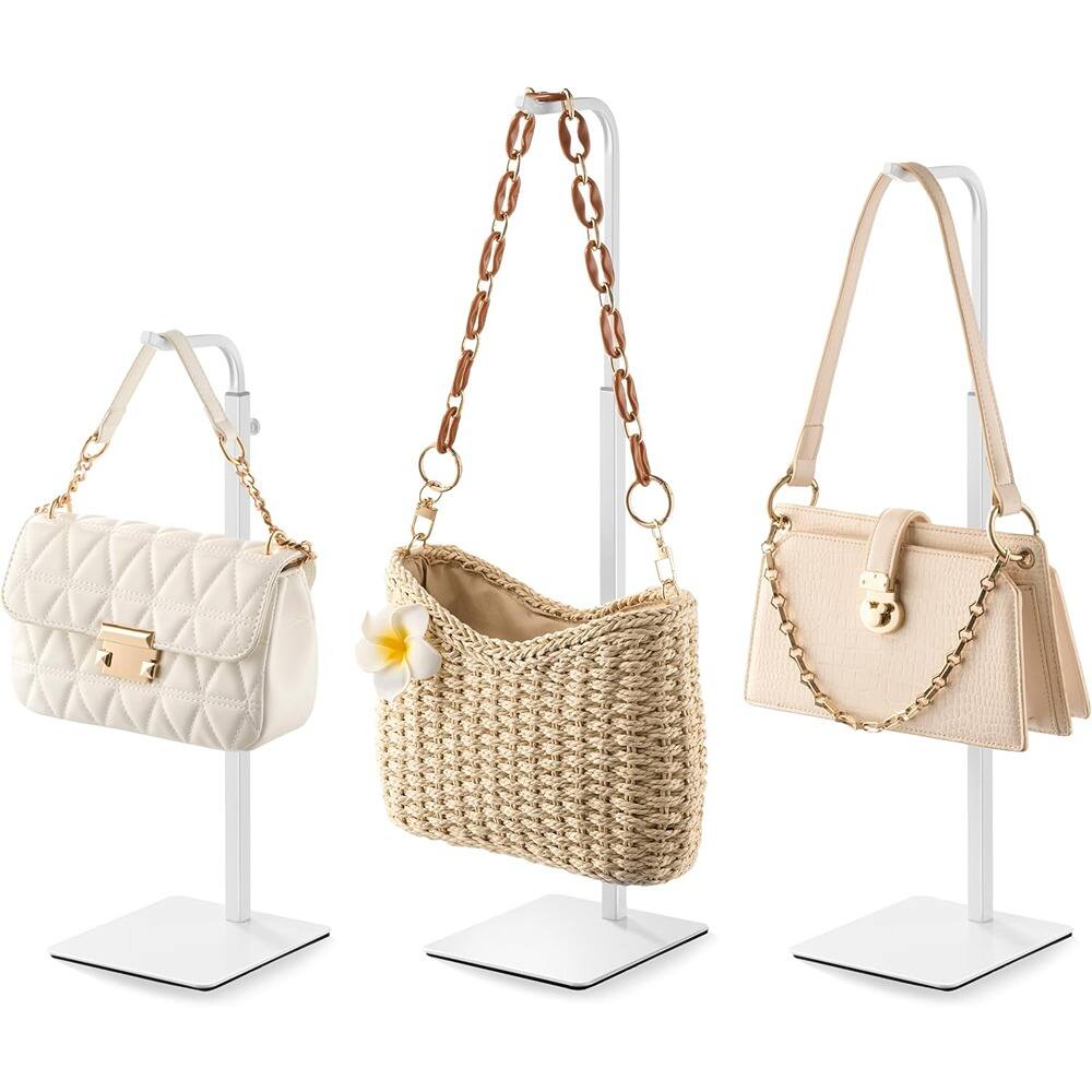 Front. PARKER SLATER - 3-Pack White Purse Display Stands – Adjustable Hooks for Bags, Purses & Wreaths - White.