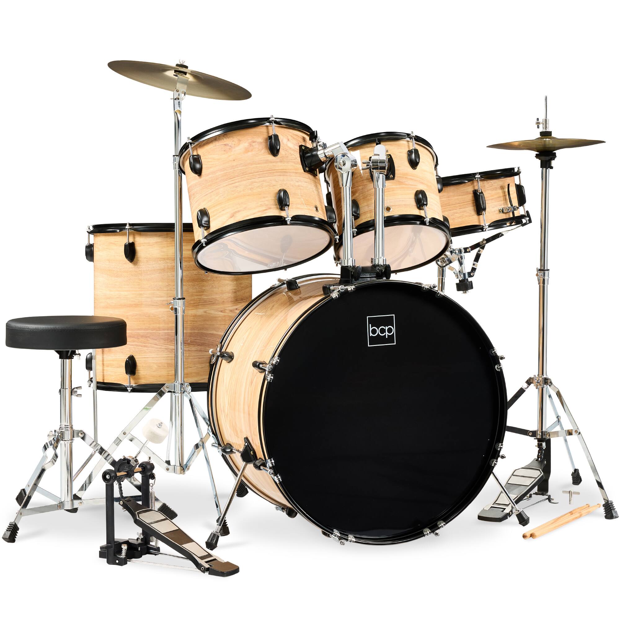 Best Choice Products - 5-Piece Beginner Drum Set w/ Snare, Bass, Toms, Cymbal, Hi-Hat, Sticks, Drum Pedal - Natural - Natural Woodgrain
