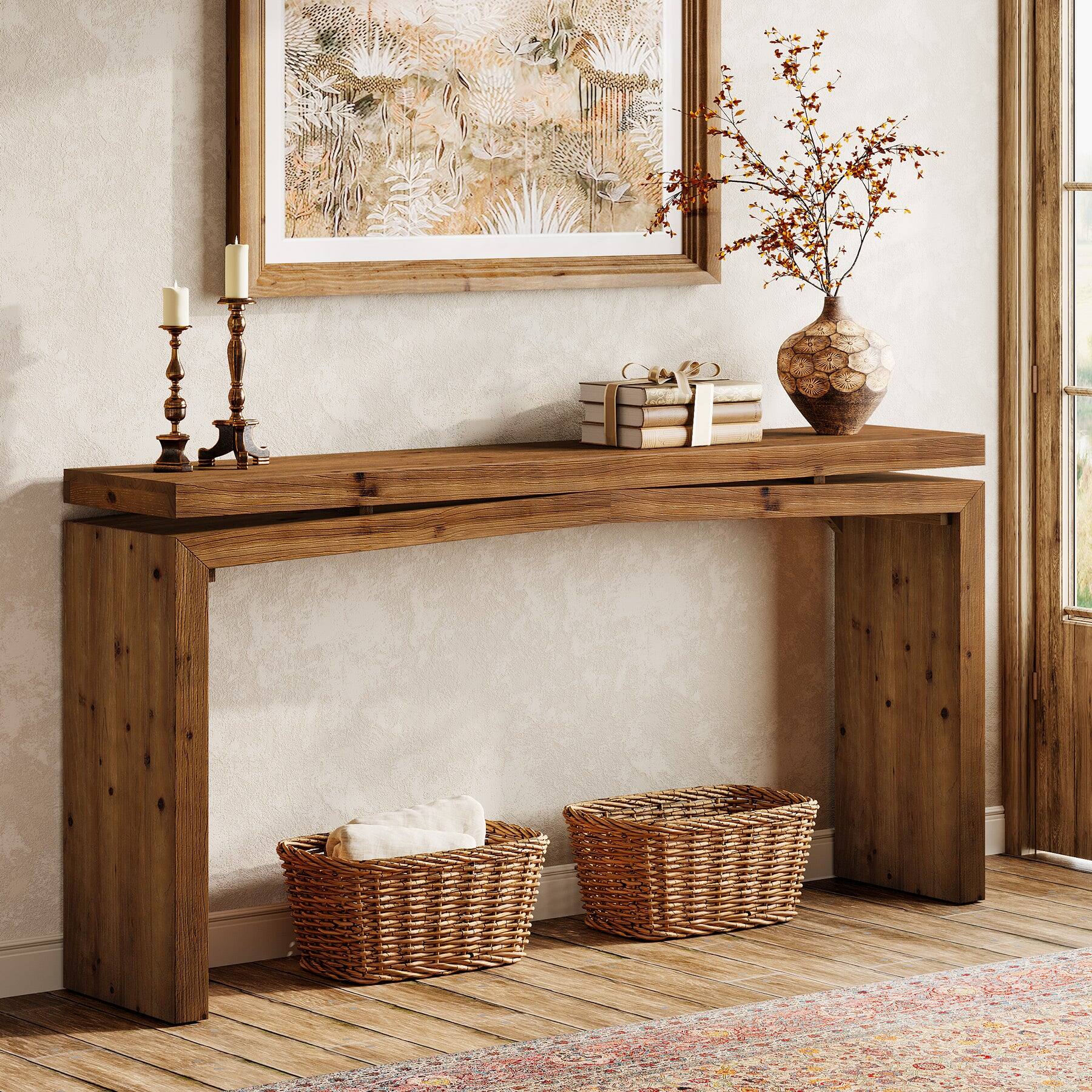 Back. Tribesigns - Farmhouse Solid Wood Console Table with Space-Saving Design and Rectangular Top for Entryway and Hallway - Brown.