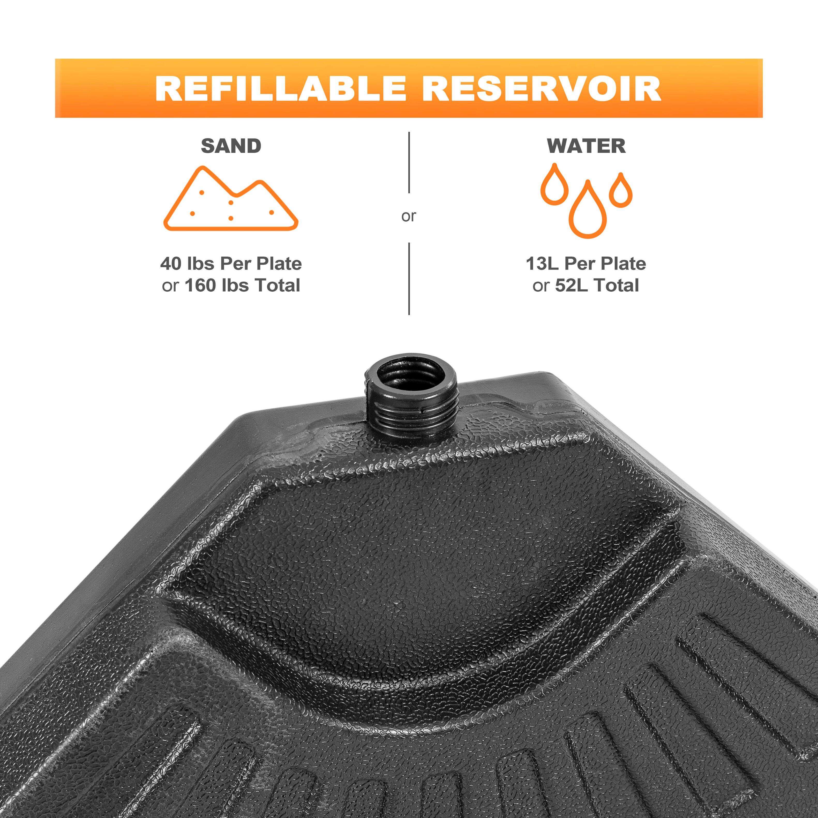 REFILLABLE RESERVOIR

SAND  
40 lbs Per Plate or 160 lbs Total

or

WATER  
13L Per Plate or 52L Total