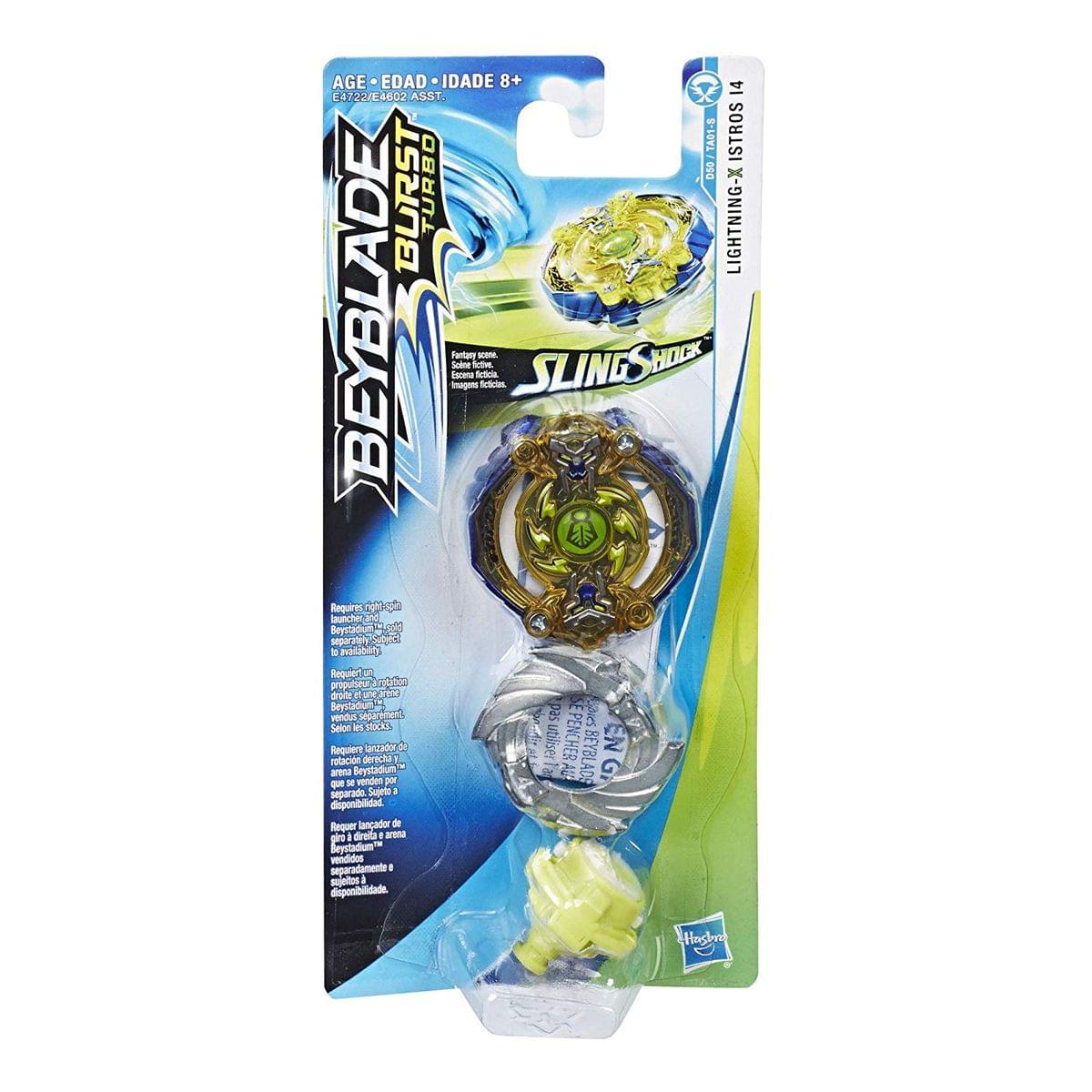 AGE EDAD IDADE 8+  
E7422/E4602 ASST.  
BEYBLADE BURST TURBO  
LIGHTNING-X ISHTAROS 14  
SLING SHOCK  

Requires Launcher and Beystadium sold separately.  
Requiere lanzador y Beystadium vendidos por separado.  
Nécessite un lancer et un Beystadium vendus séparément.  
Requer langador de gire dreia 1 arna Deystadium vidides separadamente.  
Sugere disponibilidad.  

Hagah