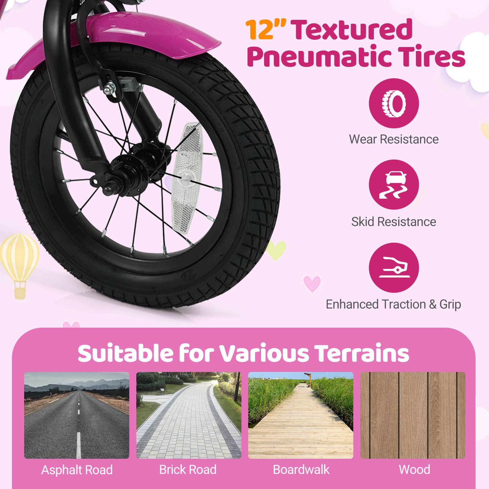 12" Textured Pneumatic Tires

- Wear Resistance
- Skid Resistance
- Enhanced Traction & Grip

Suitable for Various Terrains

- Asphalt Road
- Brick Road
- Boardwalk
- Wood
