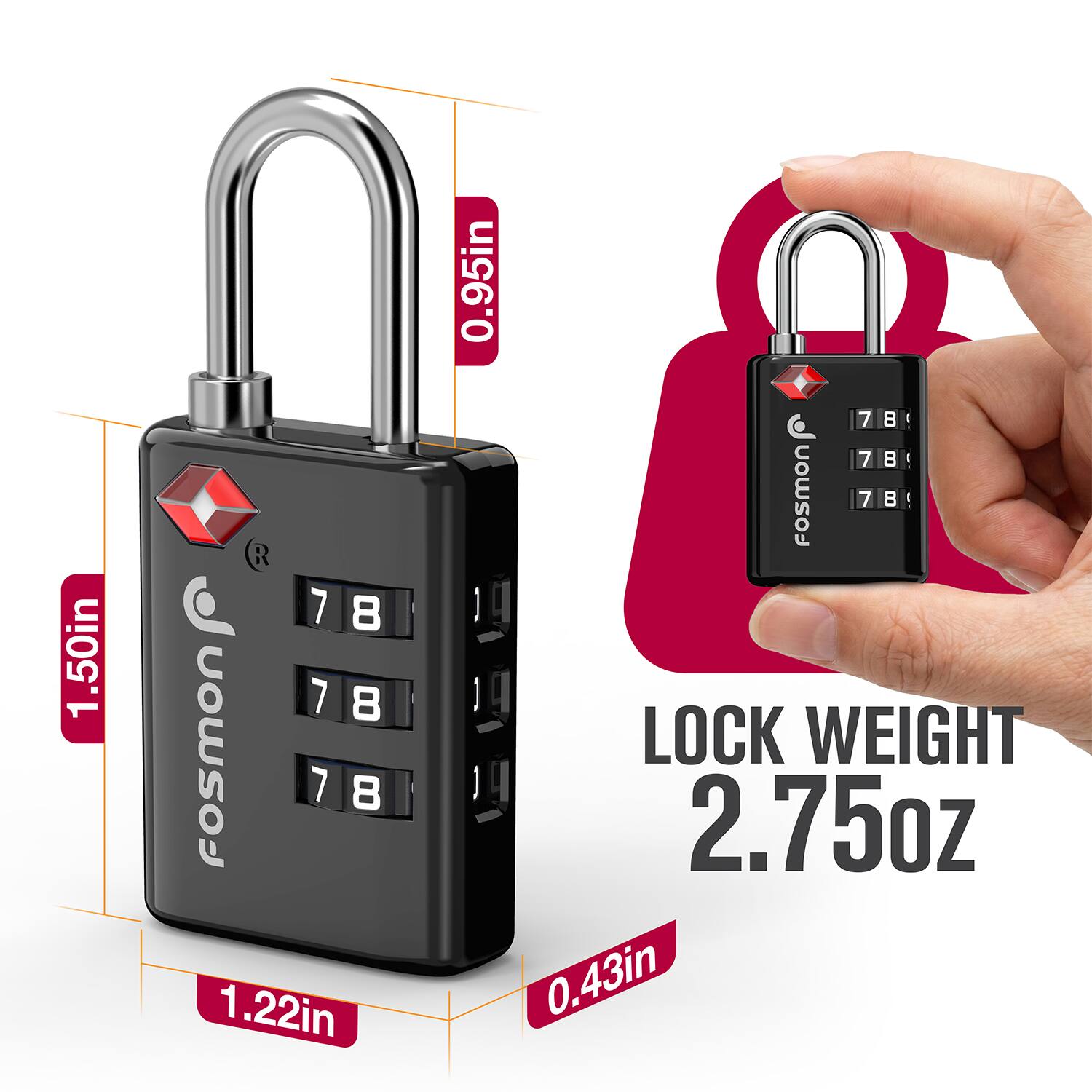 1.50in 1 R 7 8 7 8 fosmon 7 8 1.22in 0.95in 7 8 ! 7 8 ! fosmon 7 8 5 1 I 1  LOCK WEIGHT 1 4 2.75oz 0.43in