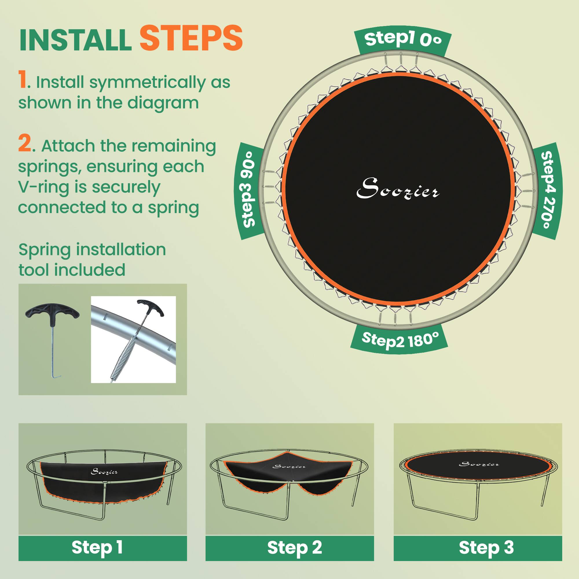 **INSTALL STEPS**

1. Install symmetrically as shown in the diagram

2. Attach the remaining springs, ensuring each V-ring is securely connected to a spring

Spring installation tool included

- Step 1: 0°
- Step 2: 180°
- Step 3: 90°
- Step 4: 270°

**Step 1**

**Step 2**

**Step 3**