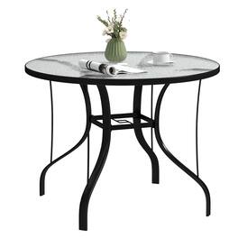 Outsunny - 38" Round Patio Table with Umbrella Hole, Outdoor Dining Table Tempered Glass Metal Frame Bistro Table, for Deck - Black