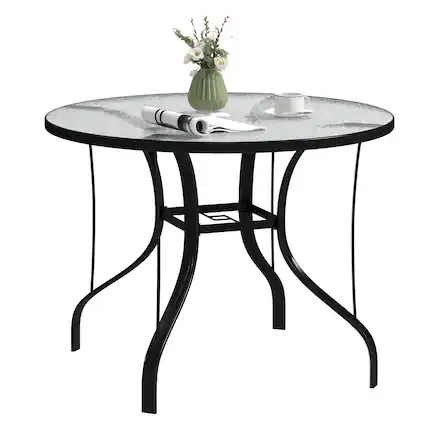 Front. Outsunny - 38" Round Patio Table with Umbrella Hole, Outdoor Dining Table Tempered Glass Metal Frame Bistro Table, for Deck - Black.