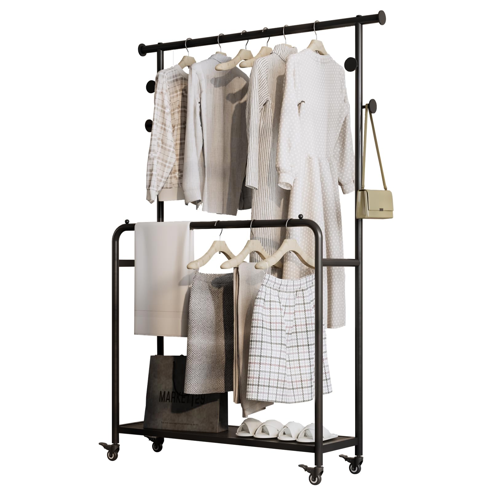 Alt View 8. Hirose Alice - Sturdy Metal Double Rods Clothes Rack With Wheels  Rolling Clothing Rack With Shelves & Hooks  Heavy Duty - black.
