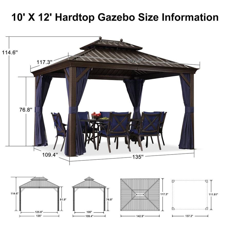 10' X 12' Hardtop Gazebo Size Information

- 114.6"
- 117.3"
- 142.9"
- 76.8"
- 109.4"
- 135"
- 114.6"
- 117.3"
- 111.61"
- 81.9"
- 76.8"
- 125.6"
- 135"
- 100"
- 109.4"
- 142.9"
- 137.2"