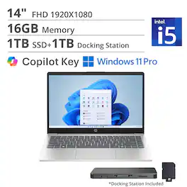 HP - 14" FHD Laptop,Intel Core i5-1334U,16GB DDR4,1TB SSD+1TB Dock Station,Intel Iris Xe GPU,Copilot,Win 11 Pro - Silver