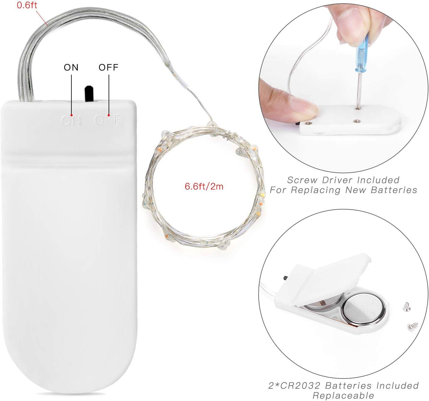 0.6ft  
ON OFF  
6.6ft/2m  

Screw Driver Included For Replacing New Batteries  

2*CR2032 Batteries Included Replaceable