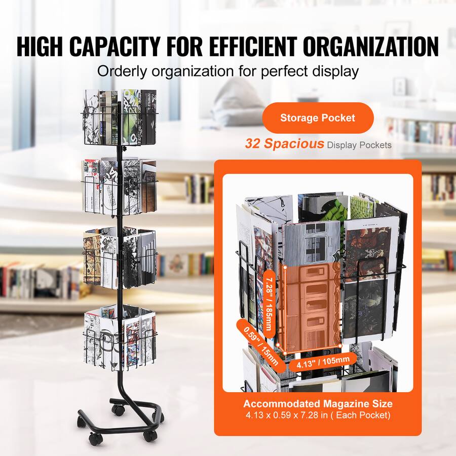 VEVOR Brochure Display Rack, 4 Tier 32 Pockets Rotating Magazine ...