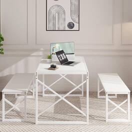 Vecelo - Dining Set: 43.3" Table & 2 Benches - Space Saving Design, Easy Assembly, Metal Frame, 4-Person Family Dining - White