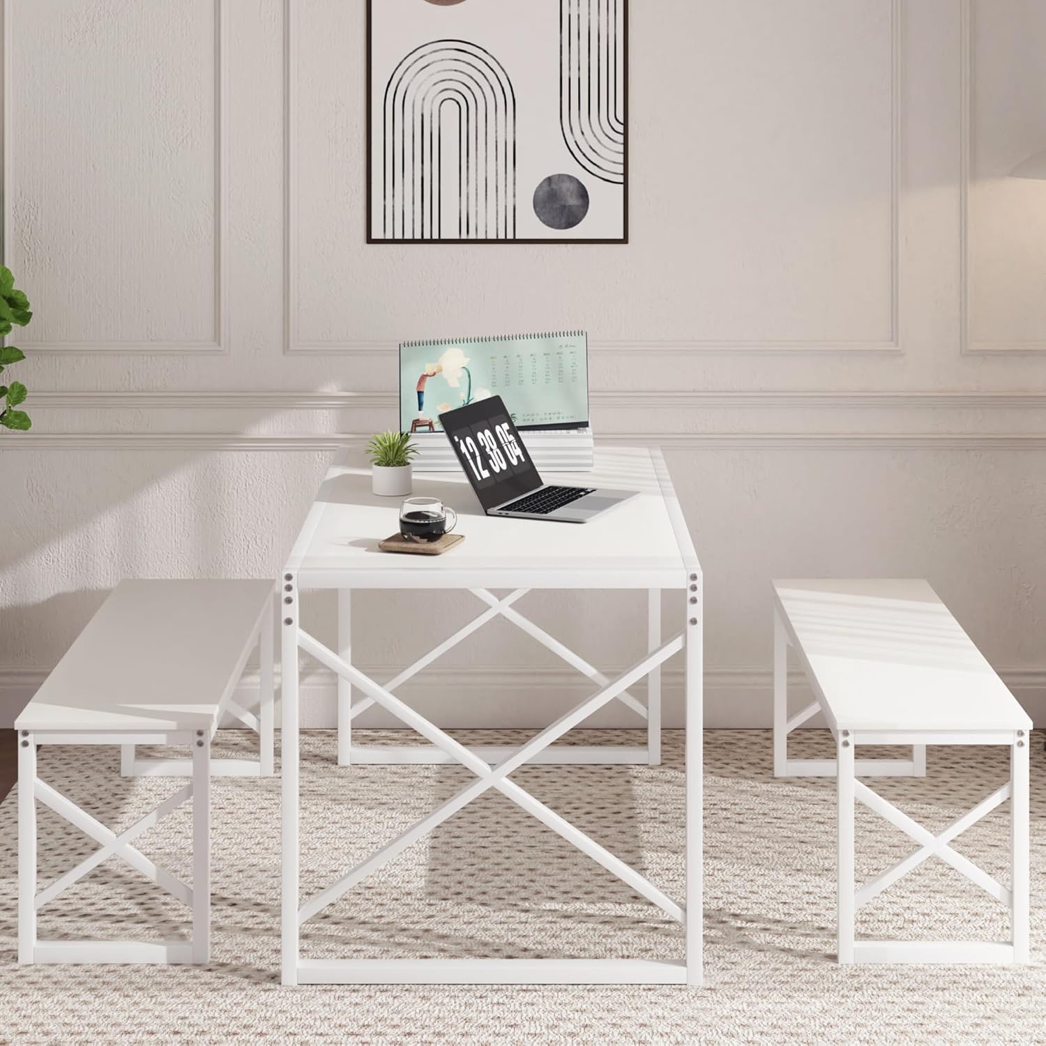 Front. Vecelo - Dining Set: 43.3" Table & 2 Benches - Space Saving Design, Easy Assembly, Metal Frame, 4-Person Family Dining - White.