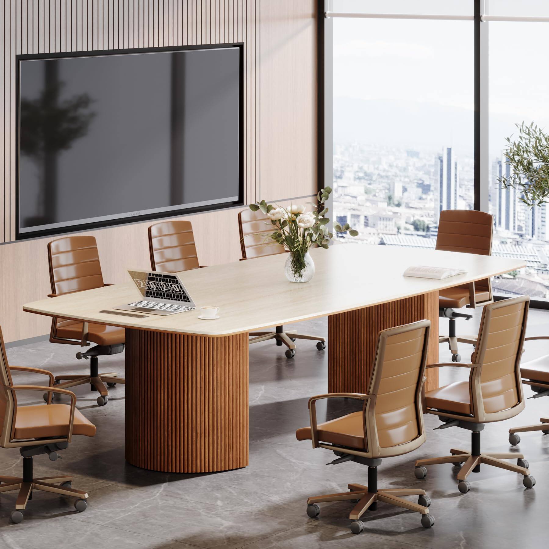 Left. Tribesigns - 78.7-Inch Rectangular Conference Table with Travertine-Look Top for Office Meeting Rooms - White & Brown.