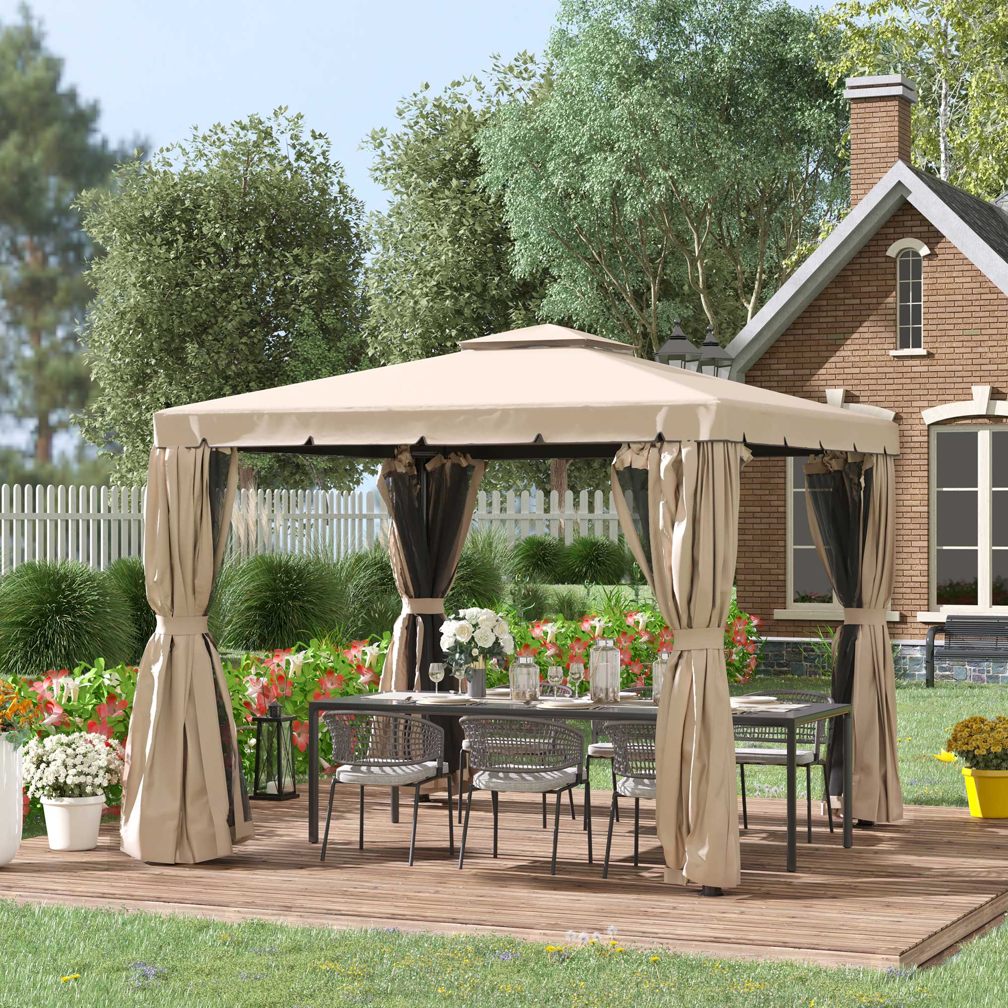 Angle. Outsunny - 10' x 10' Patio Gazebo, Aluminum Frame Double Roof Outdoor Gazebo Canopy Shelter with Netting & Curtains - Khaki.