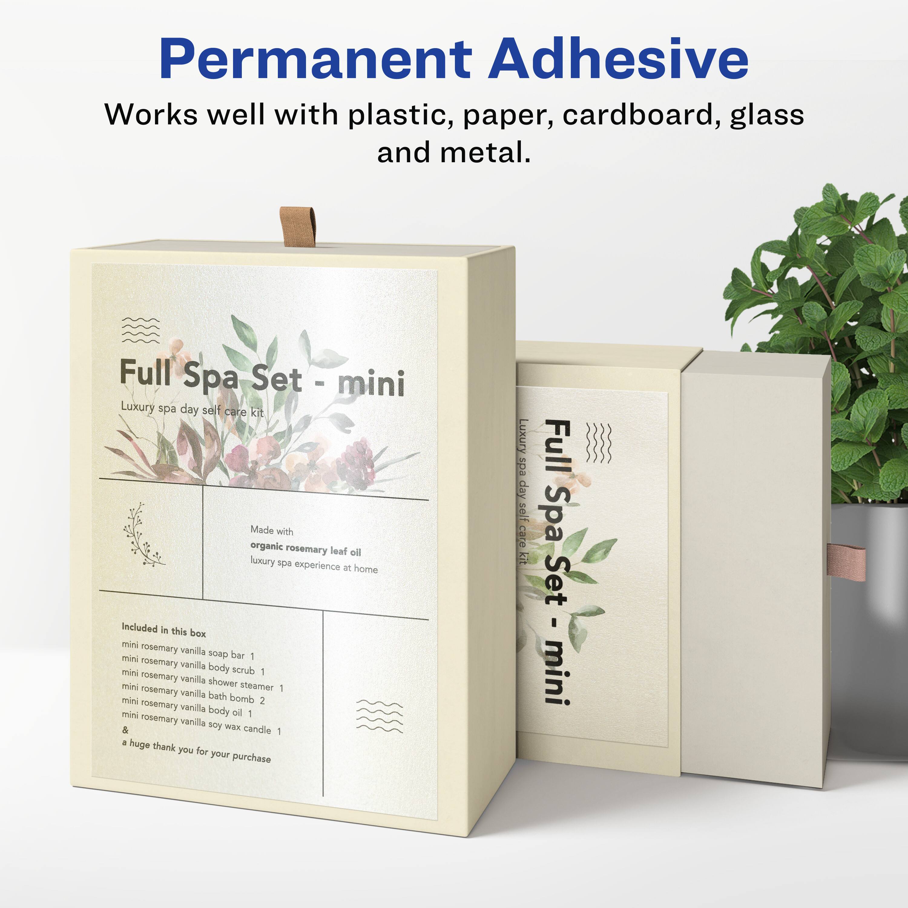 Permanent Adhesive  
Works well with plastic, paper, cardboard, glass and metal.  

Full Spa Set - mini  
Luxury spa day self care kit  
Made with organic rosemary leaf oil  
luxury spa experience at home  

Included in this box:  
- mini rosemary vanilla soap bar  
- mini rosemary vanilla body scrub  
- mini rosemary vanilla shower steamer  
- mini rosemary vanilla bath bomb  
- mini rosemary vanilla body oil  
- mini rosemary vanilla & soy wax candle  

A huge thank you for your purchase  

Luxury Full spa day self care KB Set mini