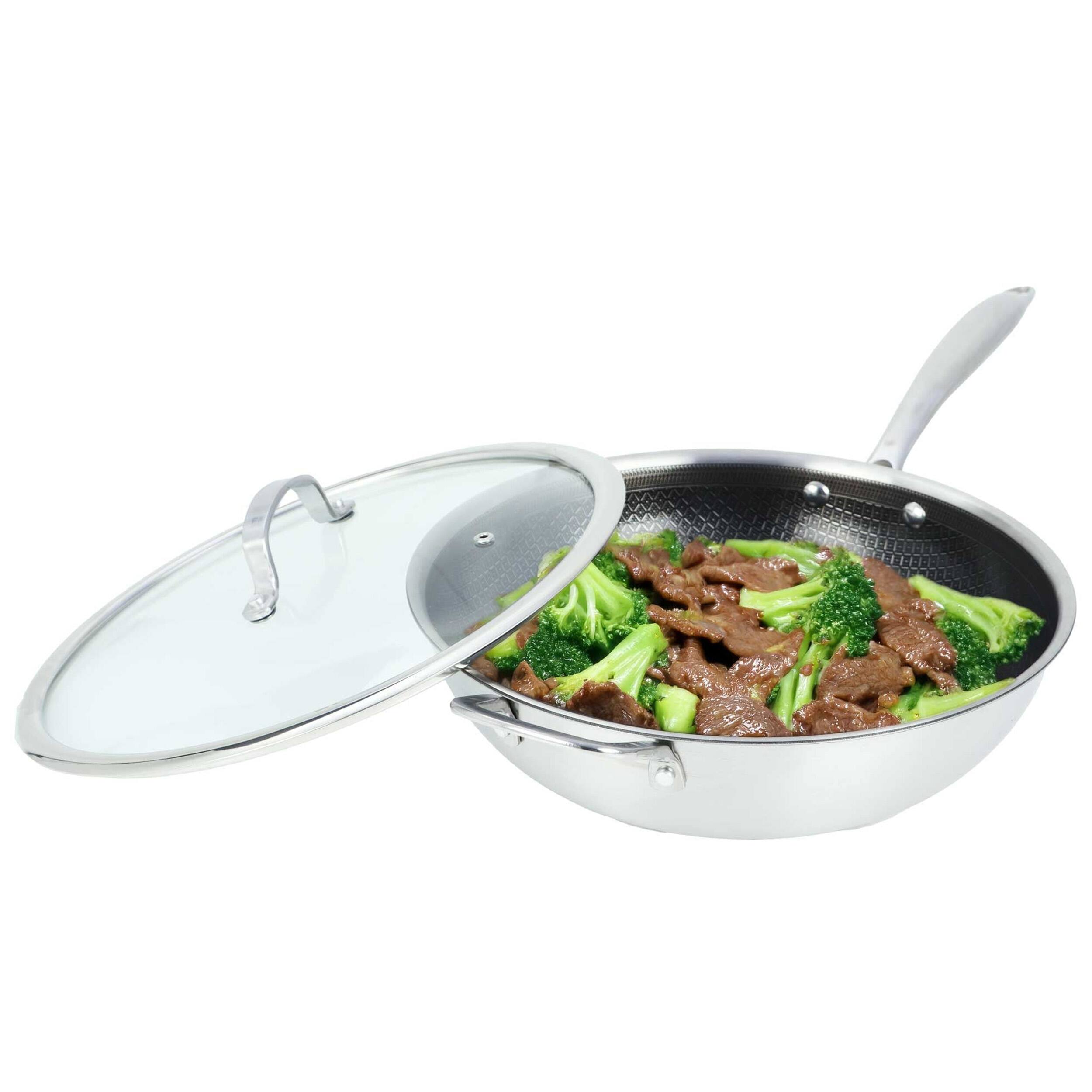 Angle. Brentwood - Brentwood 12-inch 4.2 Quarts Hybrid Non-Stick Stainless Steel Wok with Glass Lid - Silver.