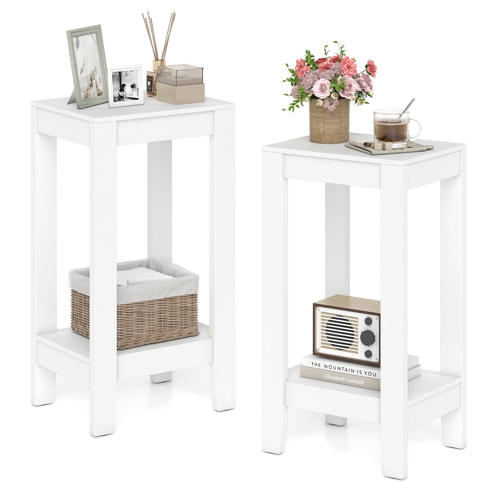 Costway - 2PCS 2-Tier End Table Rectangular Sofa Side Table with Storage Shelf Small Bedside Table - White