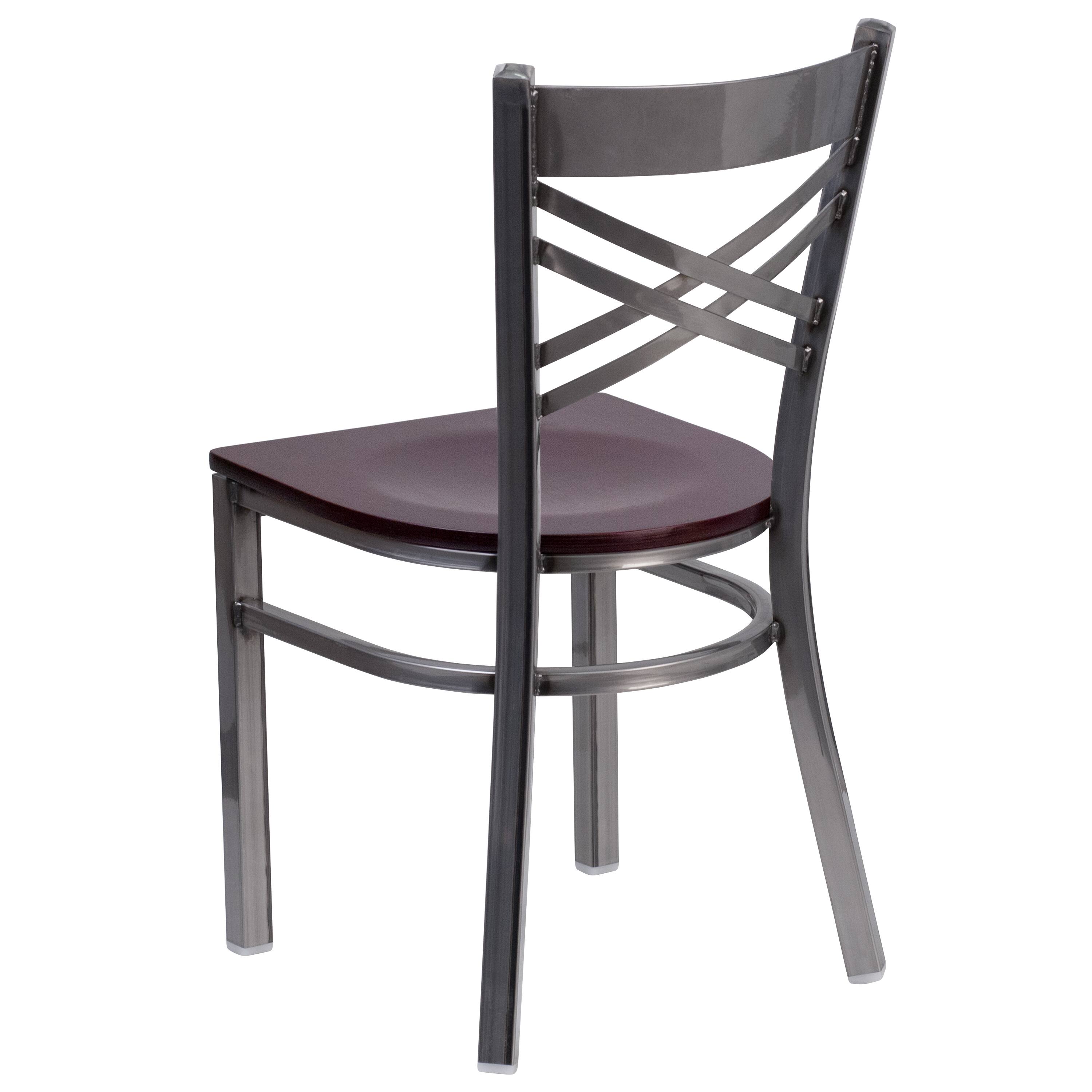 Alt View 4. Emma + Oliver - 2 Pack Clear Coated "X" Back Metal Restaurant Chair - Mahogany Wood Seat/Clear Coated Metal Frame.
