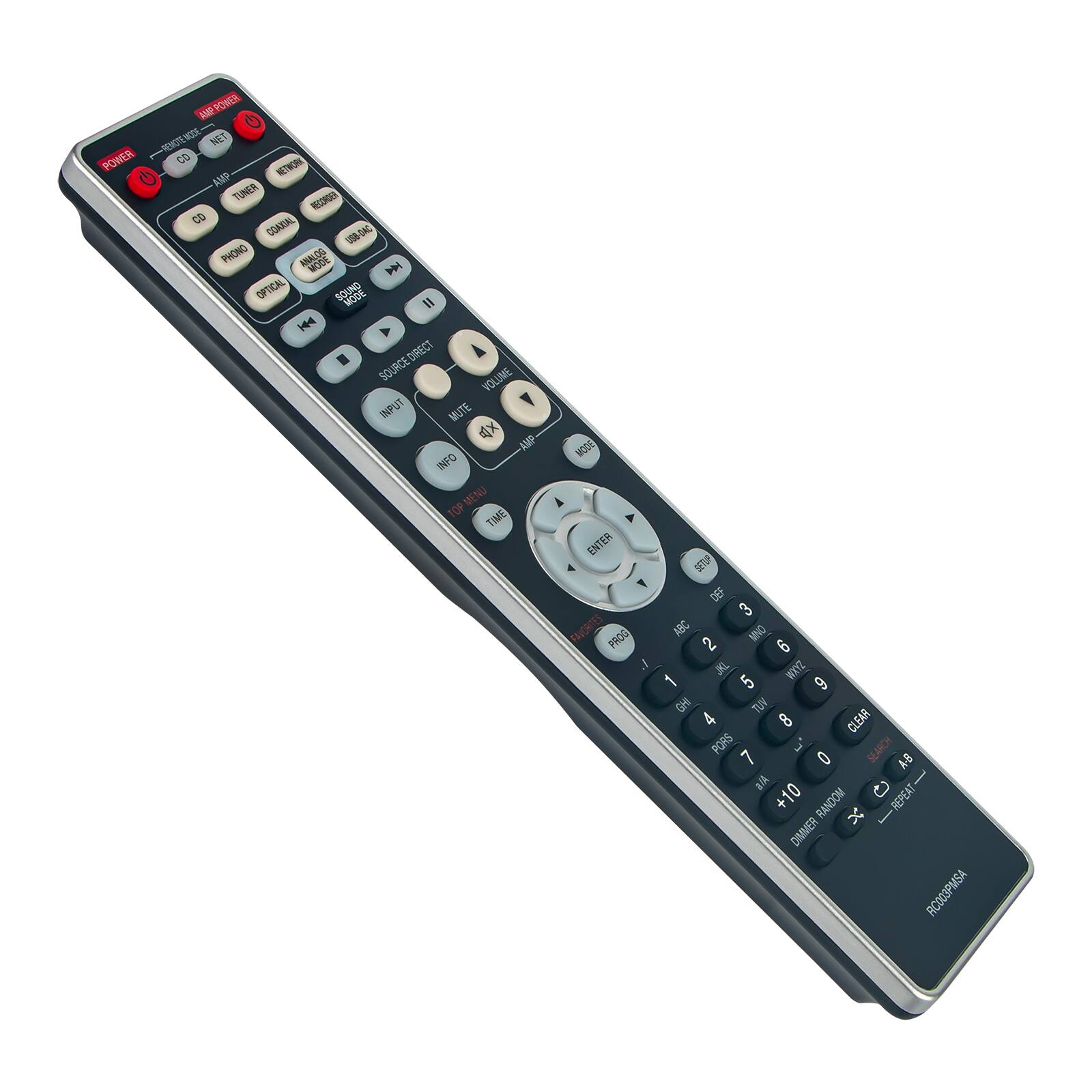 MEPONER W G 3 - NET POWER S0  
NETWORK TUNER RR CO OARAL N-DAC 3 D PHONO  
P OPTICAL OF SOUND  
H44 SOURCE DIRECT VOLUME INPUT MUTE  
AMP INFO MENU TOP TIME NOOE ENTER FAVOURITES FAD FROO  
SETUP  
3 ABC MNO 2 6 J ZAKM 1 5 9 FH TUV 4  
CLEAR PORS  
CeT 7 D AB aA I +10 G REPEAT + RANDOM x  
DIMMER RCO03PMSA