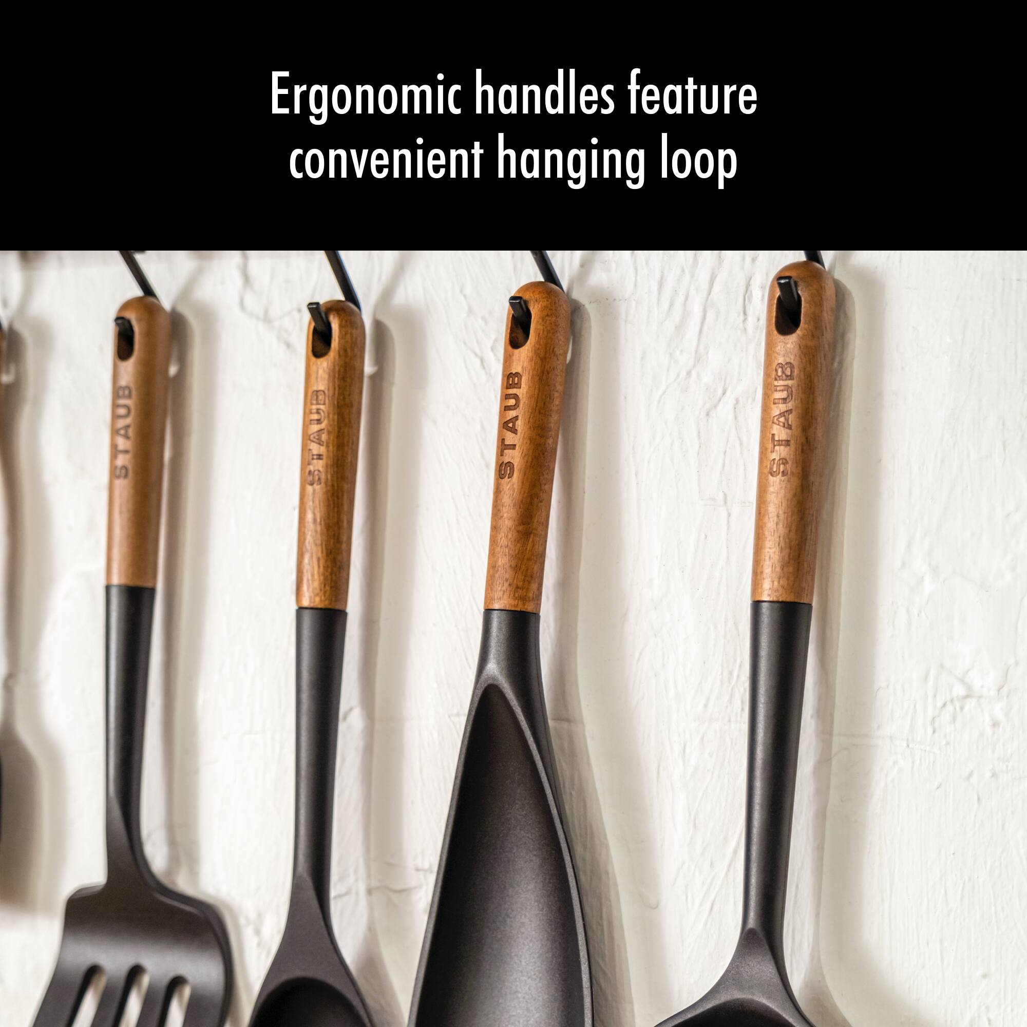 Ergonomic handles feature convenient hanging loop