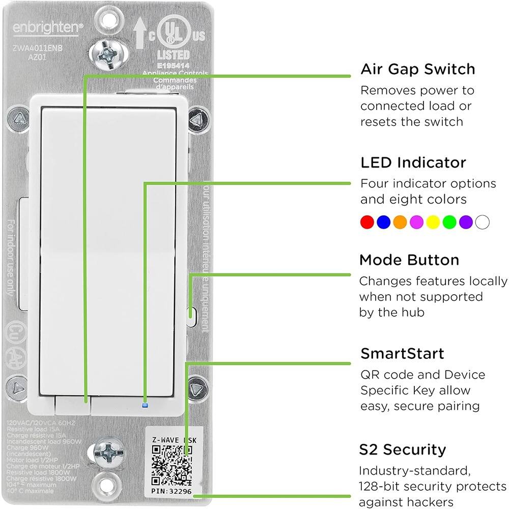 **Air Gap Switch**  
Removes power to connected load or resets the switch

**LED Indicator**  
Four indicator options and eight colors

**Mode Button**  
Changes features locally when not supported by the hub

**SmartStart**  
QR code and Device Specific Key allow easy, secure pairing

**S2 Security**  
Industry-standard, 128-bit security protects against hackers

---

**Specifications**  
- ZWA4011ENB AZ01
- UL Listed E195414
- Annliarna Central Commandes d'appareils
- For indoor use only
- 120VAC/120VCA 60Hz
- Resistive load: 15A (1800W)
- Incandescent load: 960W
- Motor load: 1/2HP
- 104°F maximum
- Z-WAVE SK PIN: 32296