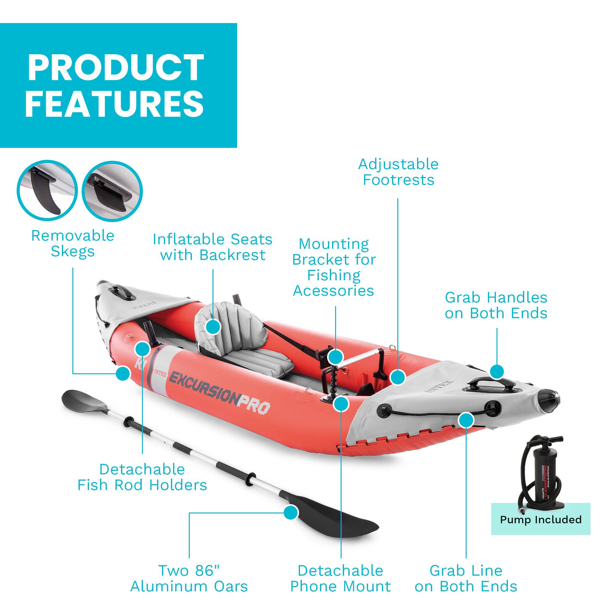 PRODUCT FEATURES
- Adjustable Footrests
- Removable Inflatable Seats with Backrest
- Mounting Bracket for Fishing Accessories
- Detachable Fish Rod Holders
- Grab Handles on Both Ends
- Two 86" Aluminum Oars
- Detachable Phone Mount
- Grab Line on Both Ends
- Pump Included