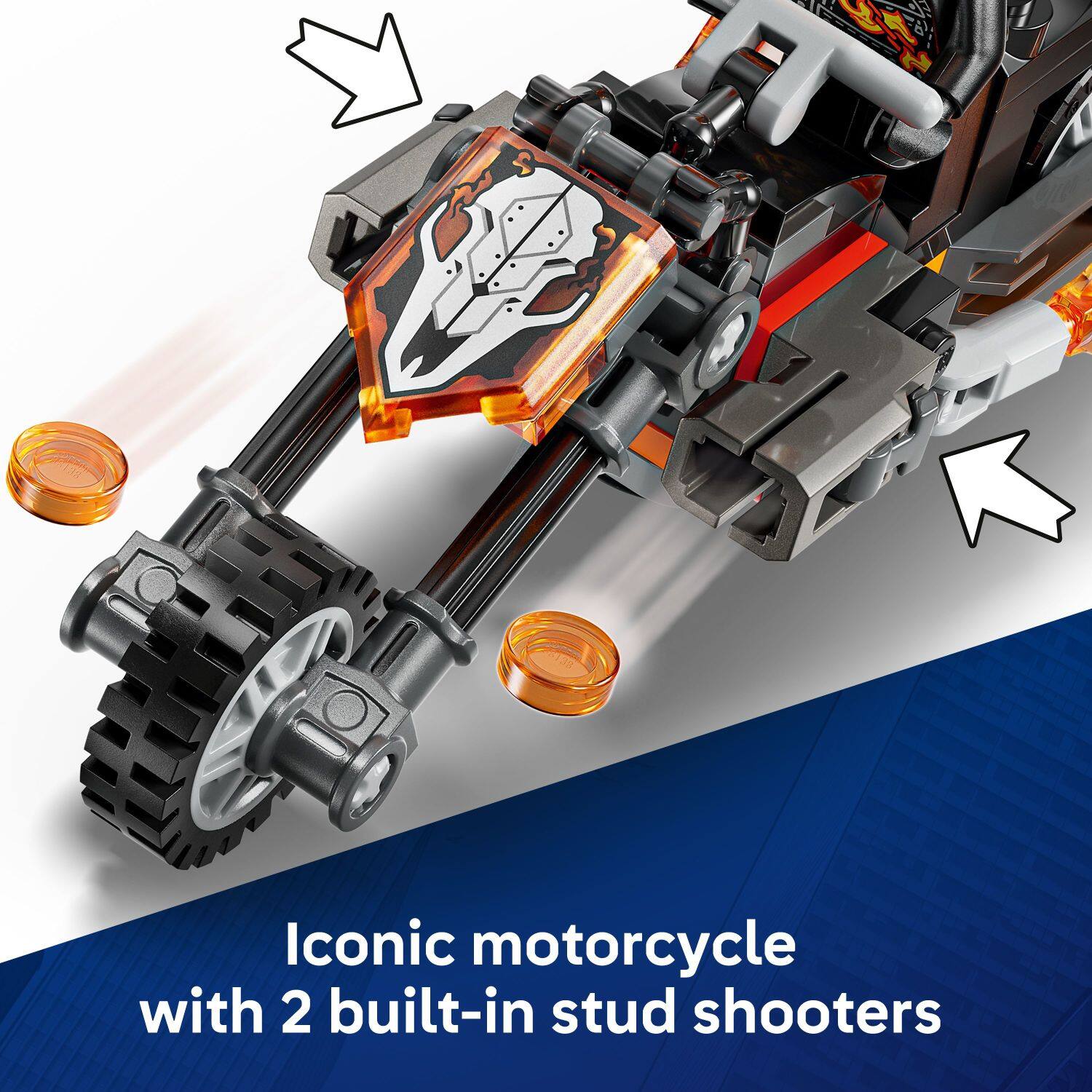 Iconic motorcycle with 2 built-in stud shooters