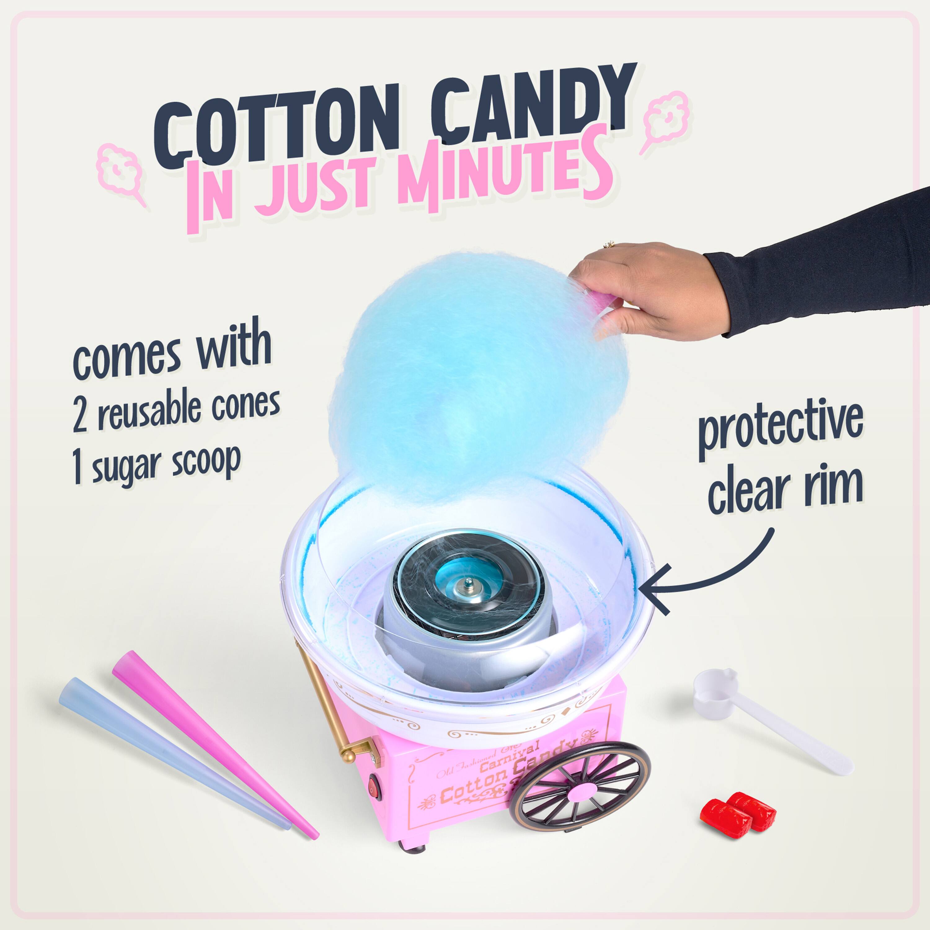 COTTON CANDY IN JUST MINUTES comes with 2 reusable cones 1 sugar scoop protective clear rim