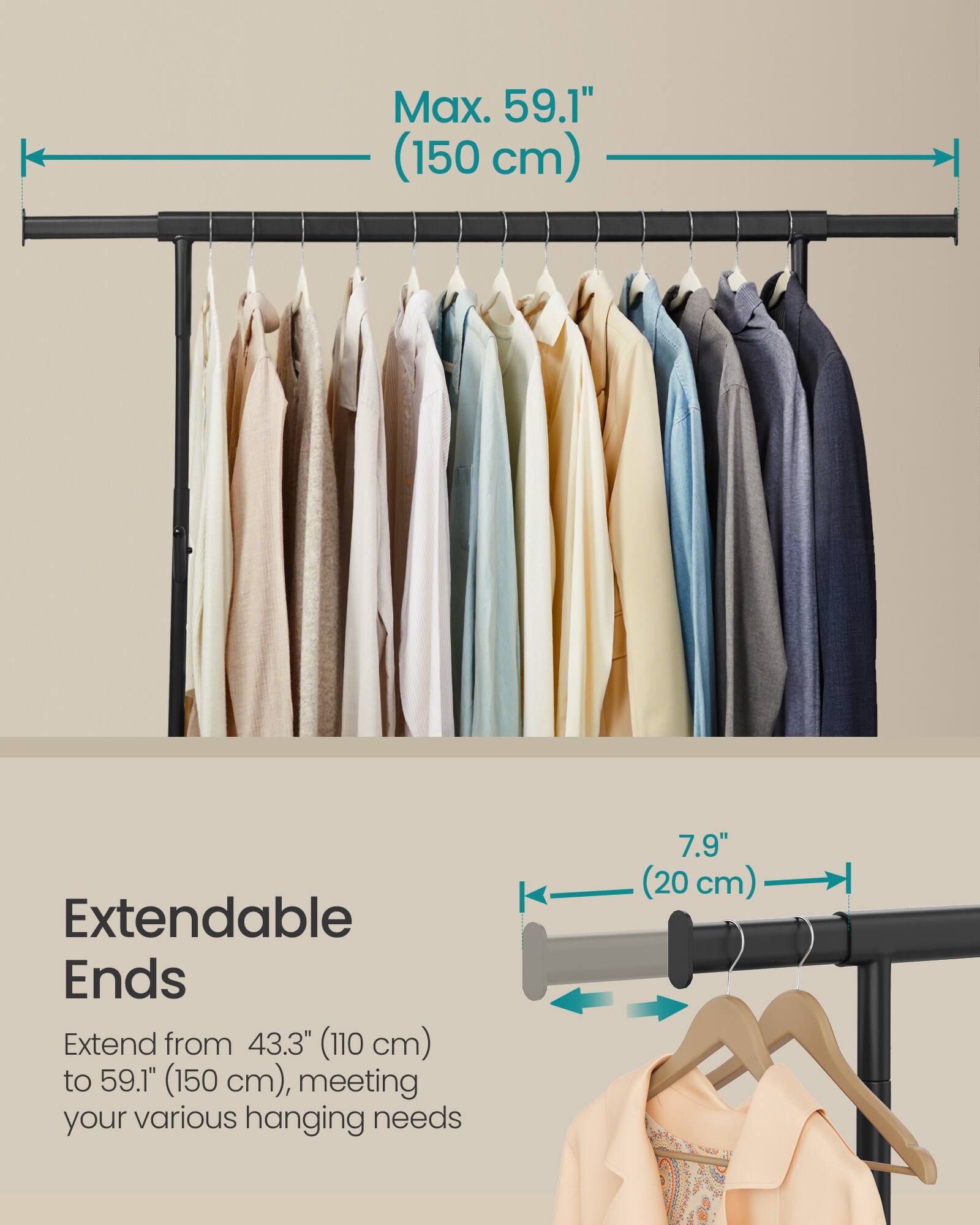 Max. 59.1" (150 cm) Extendable Ends Extend from 43.3" (110 cm) to 59.1" (150 cm), meeting your various hanging needs 7.9" (20 cm)