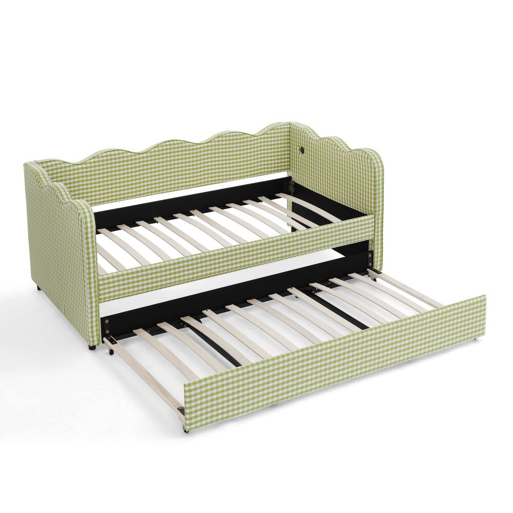 Alt View 6. JUJABU - Green Cozy Gingham Daybed with Twin Size Trundle No Box Spring Needed, with USB Port and Adorable Wave Shaped - Green.